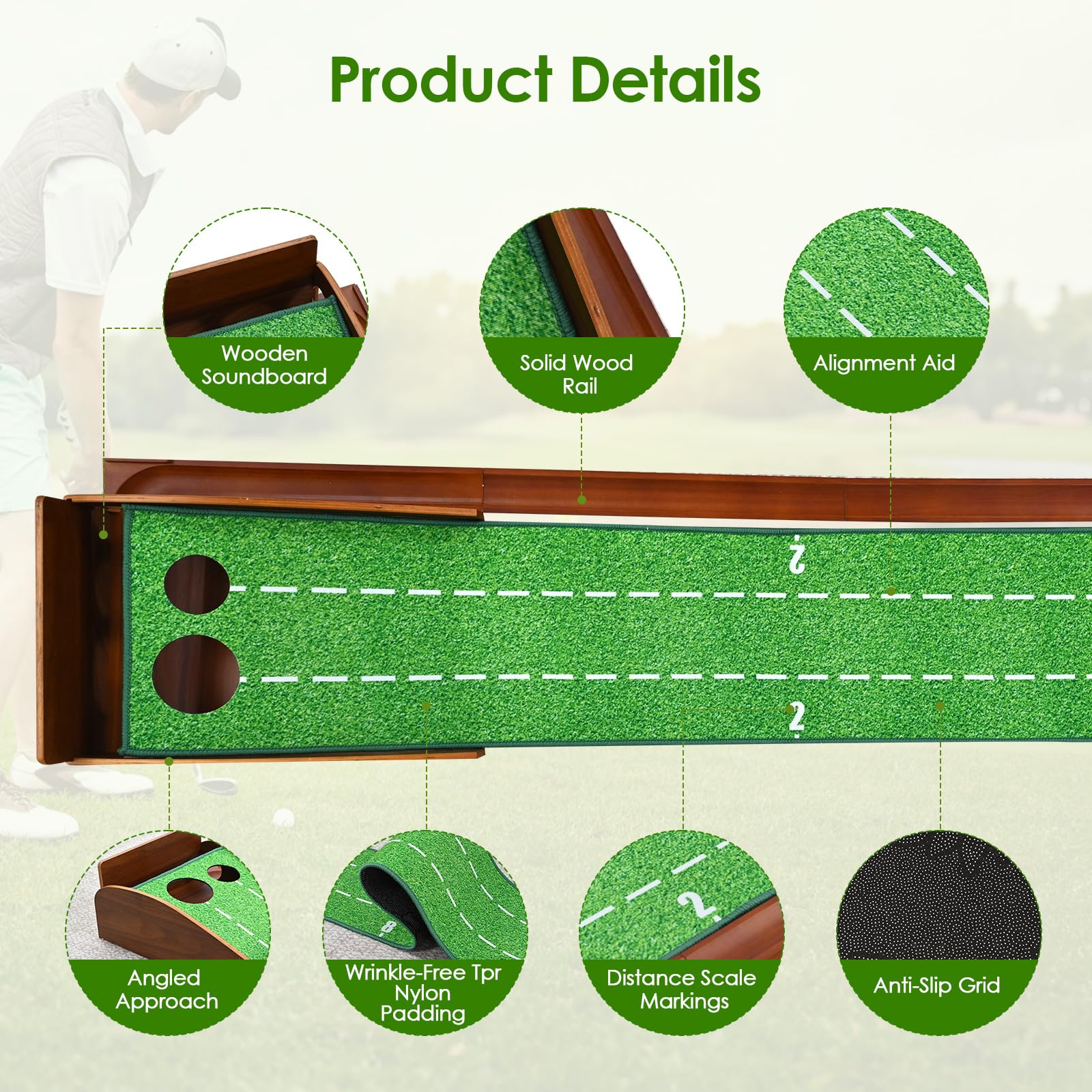 Esterilla de golf con rebobinado automático de bolas y riel de madera, Putting Green Indoor con espejo de putt & 2 agujeros, mini golf para el hogar, alfombra de golf plegable para oficina/jardín