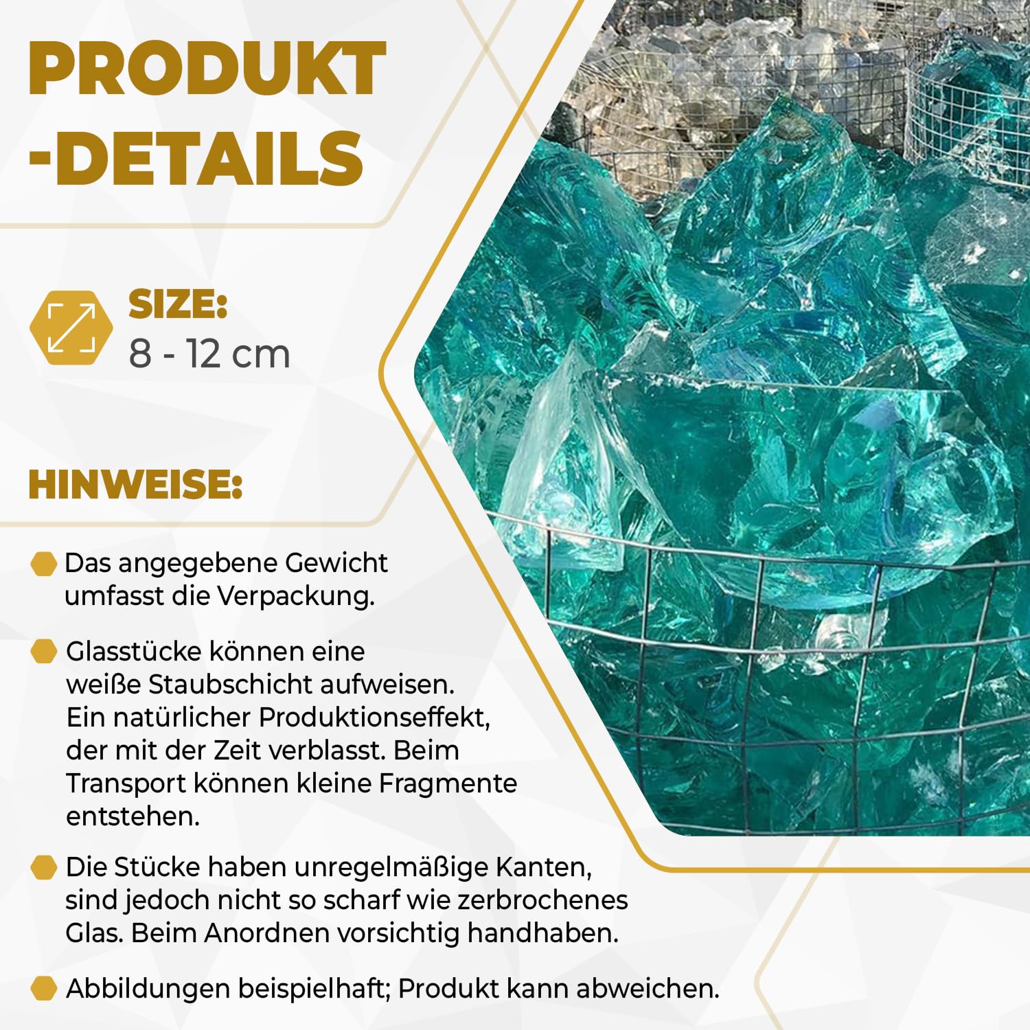 Glassteine Türkis für Garten & Aquarium 10 kg - Deko Glassteine für Gabionen, Vasen & Blumentöpfe 8-12 cm - Hochwertige Glasbrocken 100% Recycelt, UV-Beständig & Wetterfest