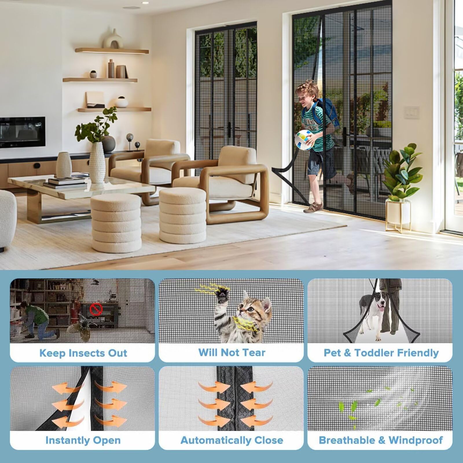 Fliegengitter Tür Magnet Schwarz 140x210cm DIY Insektenschutz Magnetfenster, Insektenschutzgitter ohne Bohren für Küche/Wohnzimmer/Schlafzimmer
