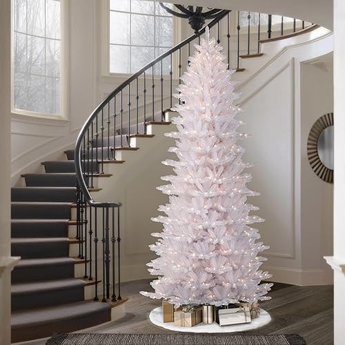 Miniatura 2 de Puleo International Árbol de Navidad artificial de abeto Fraser blanco delgado preiluminado de 9 pies con 800 luces transparentes