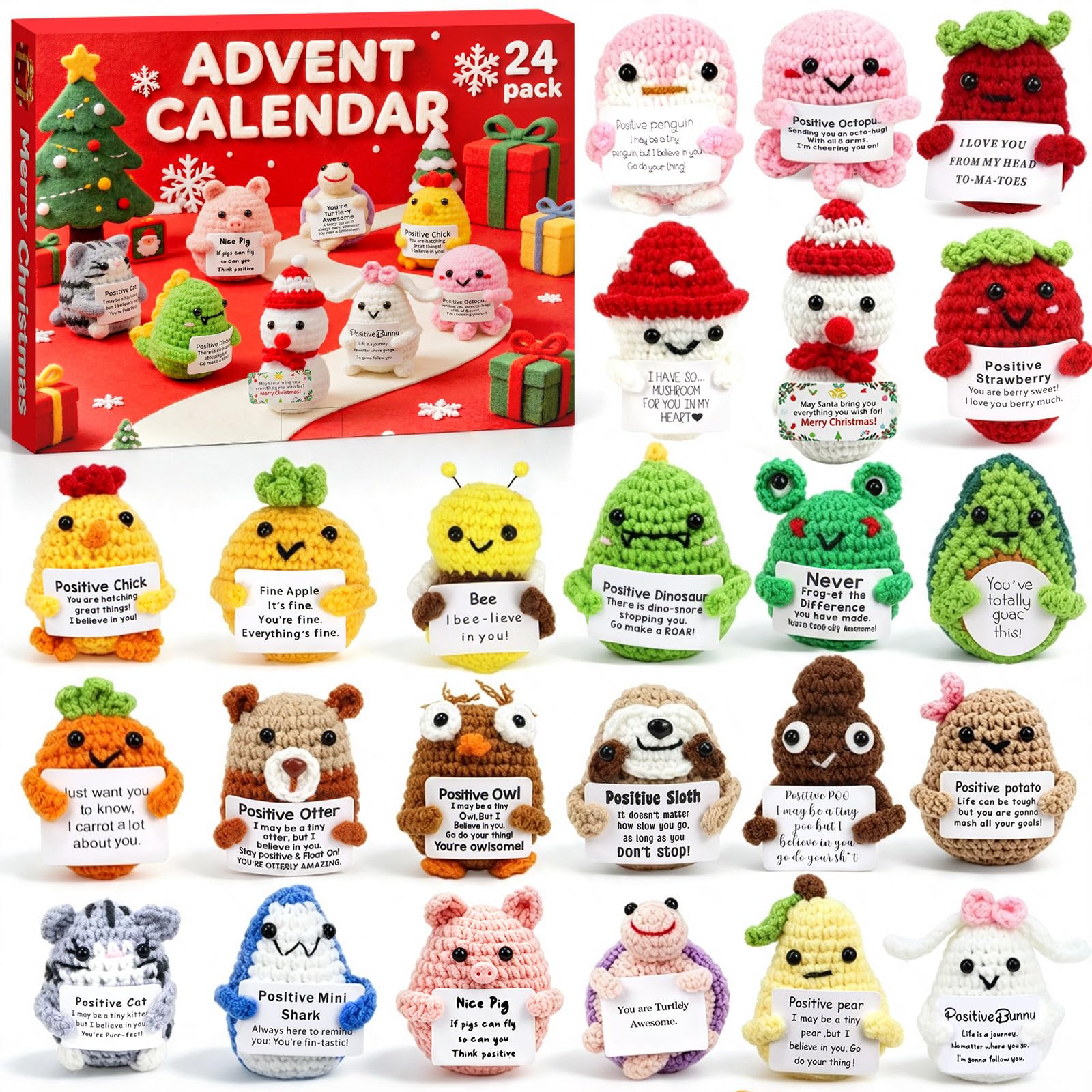 Calendario dell'avvento 2026, realizzato a mano con animali all'uncinetto, calendario dell'avvento di 24 giorni, con biglietti di supporto emotivo positivo, regalo per bambini, adolescenti, adulti