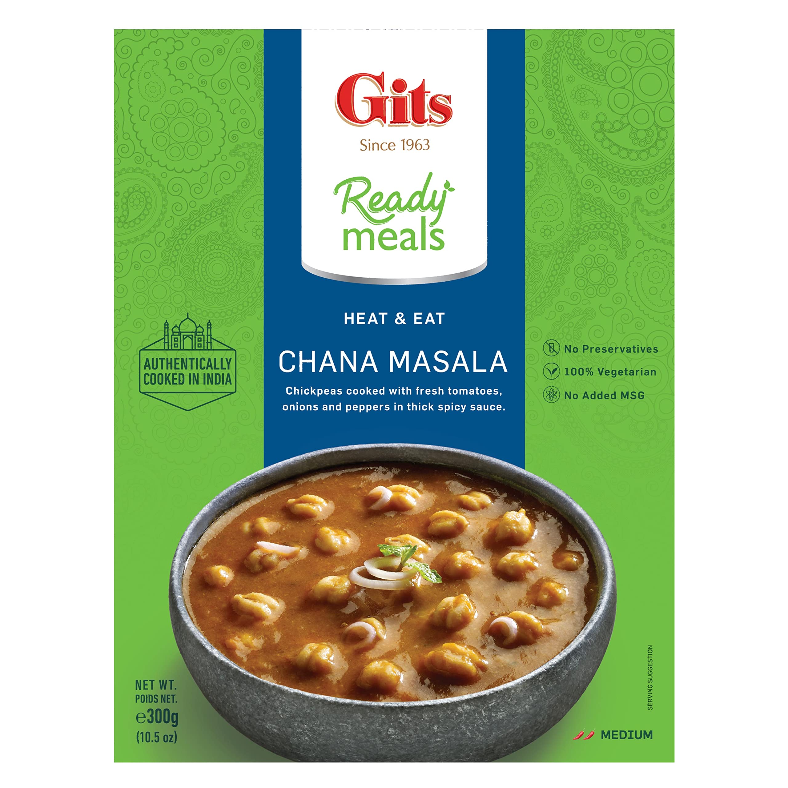 Garbanzos masala (Indian Channa Masala) - Garbanzos grandes cocinados en una cebolla ligera y tomate con especias suaves. Microondas durante 1-2 minutos. Listo para comer Entrée.