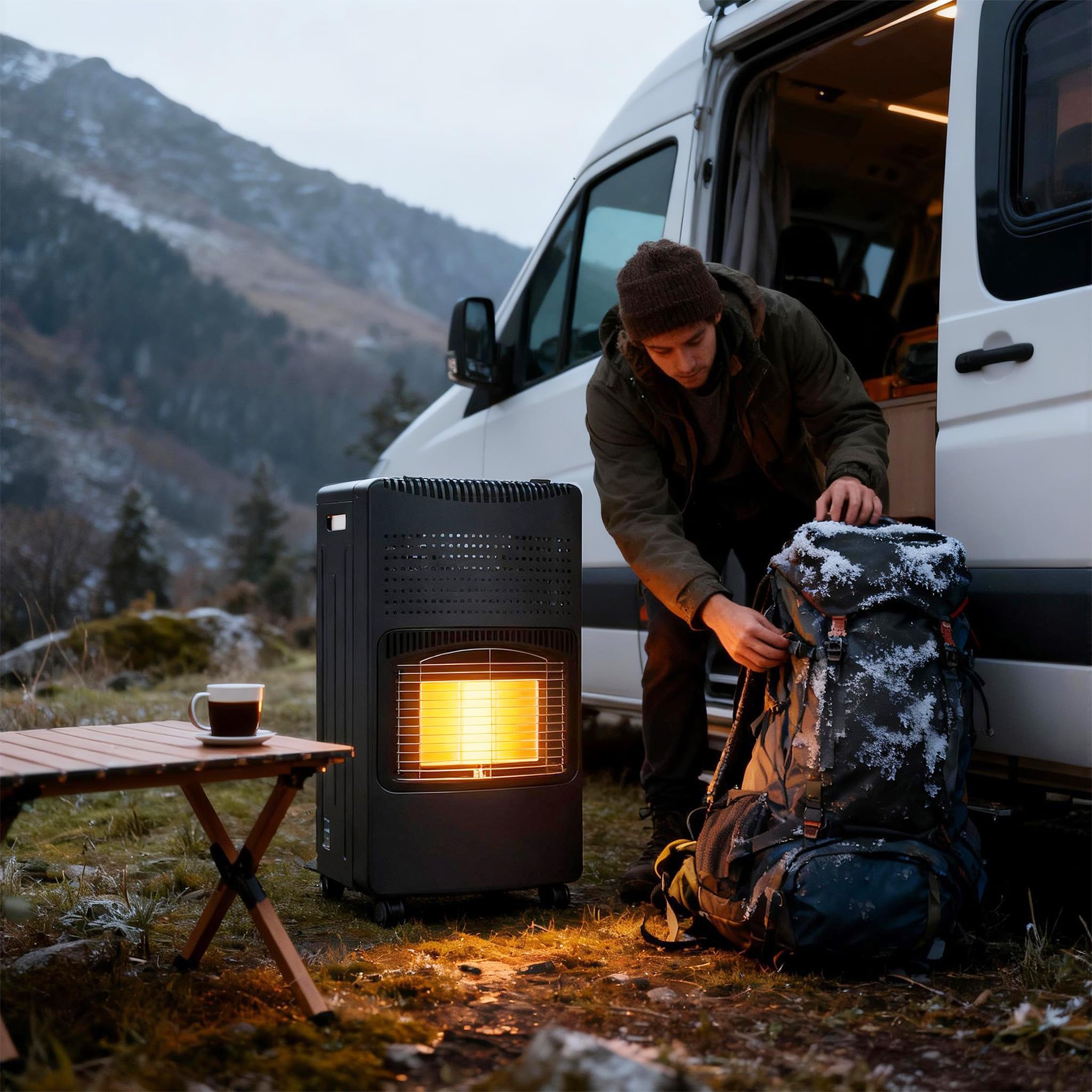FIVMEN Gasheizung für Innenräume 4200W Keramik Gasheizer Heizstrahler 3 Heizstufen Gas Heizung Gasofen Gasheizgerät inkl. Griff, Rad & Gasschlauch bis 12 kg, Schwarz