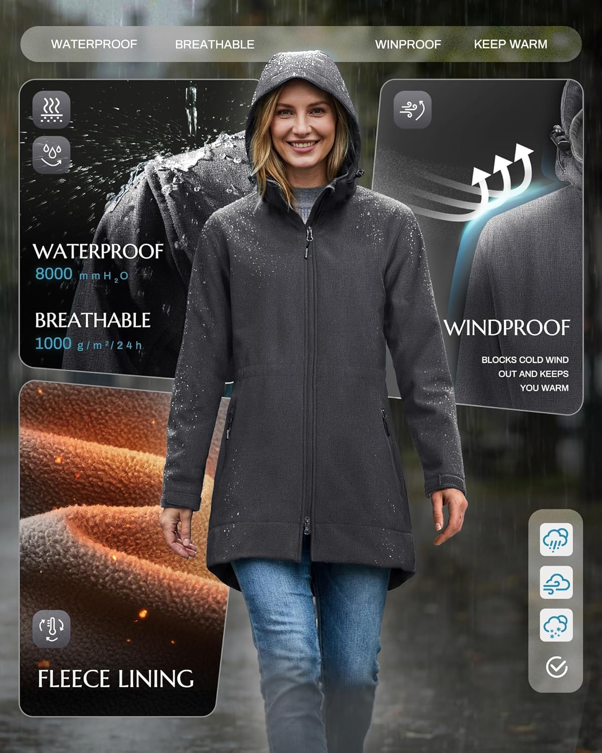 Outdoor Ventures Women's Softshell Jacket with Removable Hood Fleece Lined Windbreaker Insulated Long Warm Rain Jacket