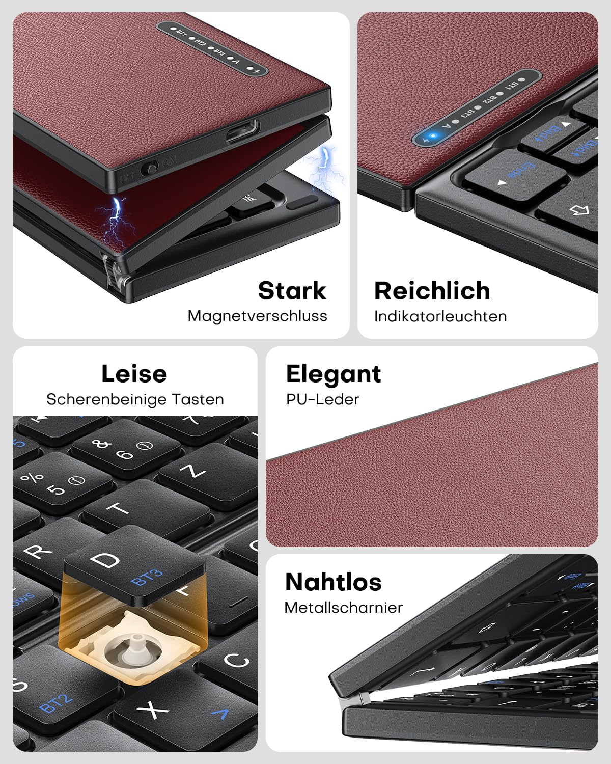 OMOTON Faltbare Bluetooth Tastatur mit Touchpad, Tragbare Kabellose Tastatur Mini Reise für iOS Android Windows Laptop PC Tablet Smartphone, QWERTZ - Burgunderrot