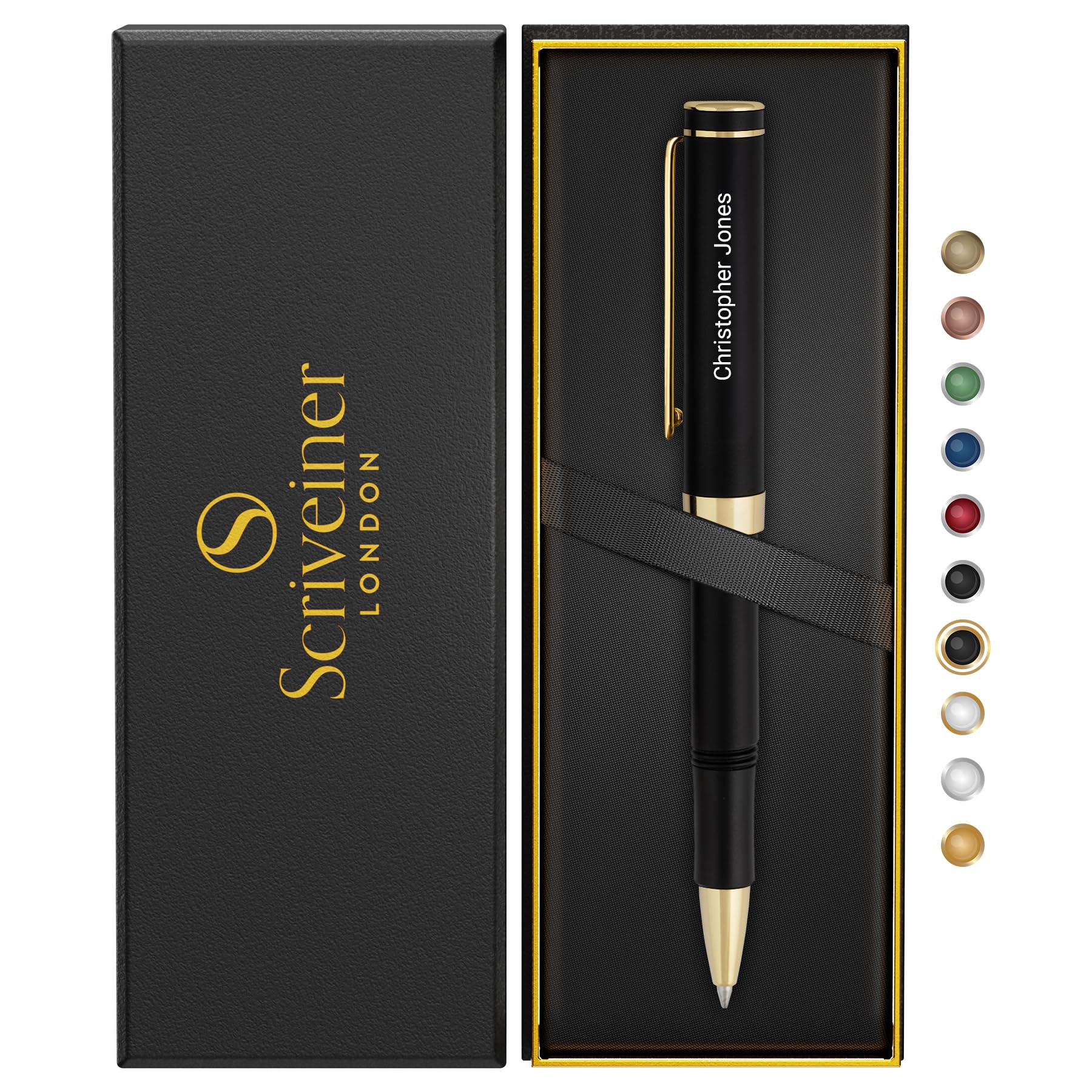 Scriveiner Personalised Black Rollerball Pen, 24K Gold Finish, Engraved Gift Set for Men & Women, Custom Name Engraving