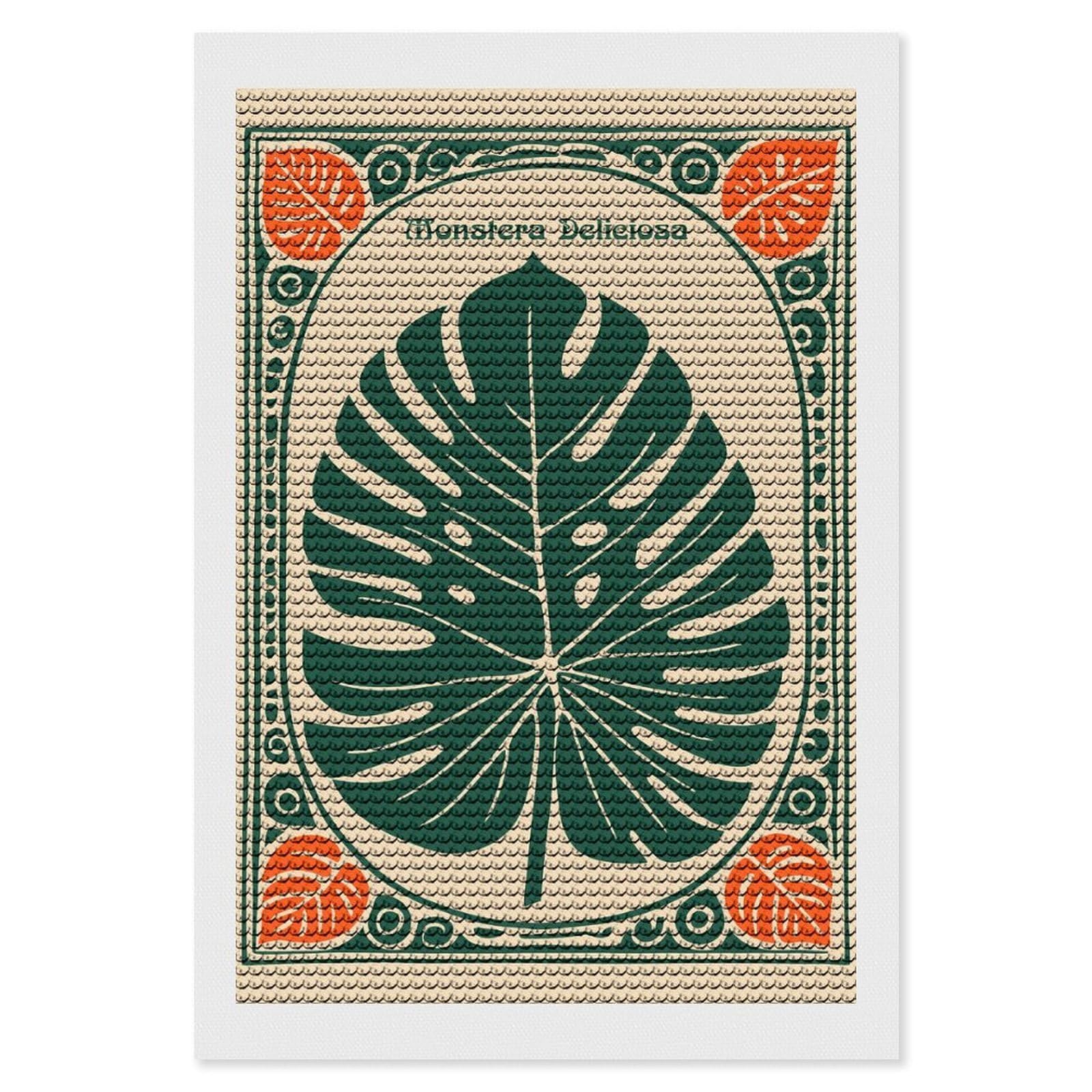 Junmoney Monstera Deliciosa Leaf Illustration Diamond Painting Kit 8"x12", Festive Craft Gift, Bedroom Decor, Full Kit Included, Creative Gift Idea