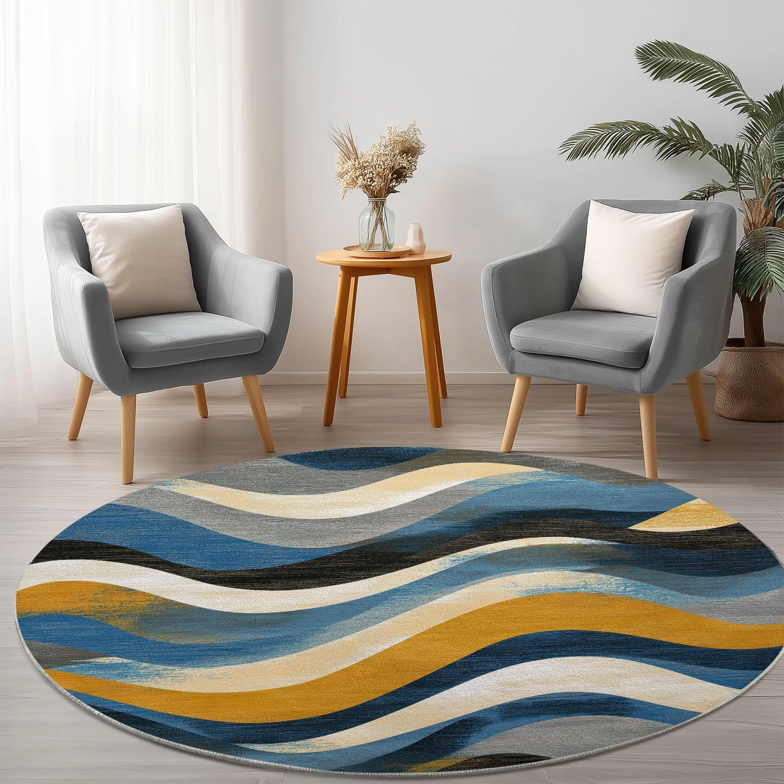 Tapis Rond Imprimé Abstrait Dessiné À La Main Vagues Géométrique Salon, Lavable Doux Gris-Bleu Tapis de Sol Décoration Antidérapant pour Chambre Salon Cuisine Balcon Bureau 100 cm