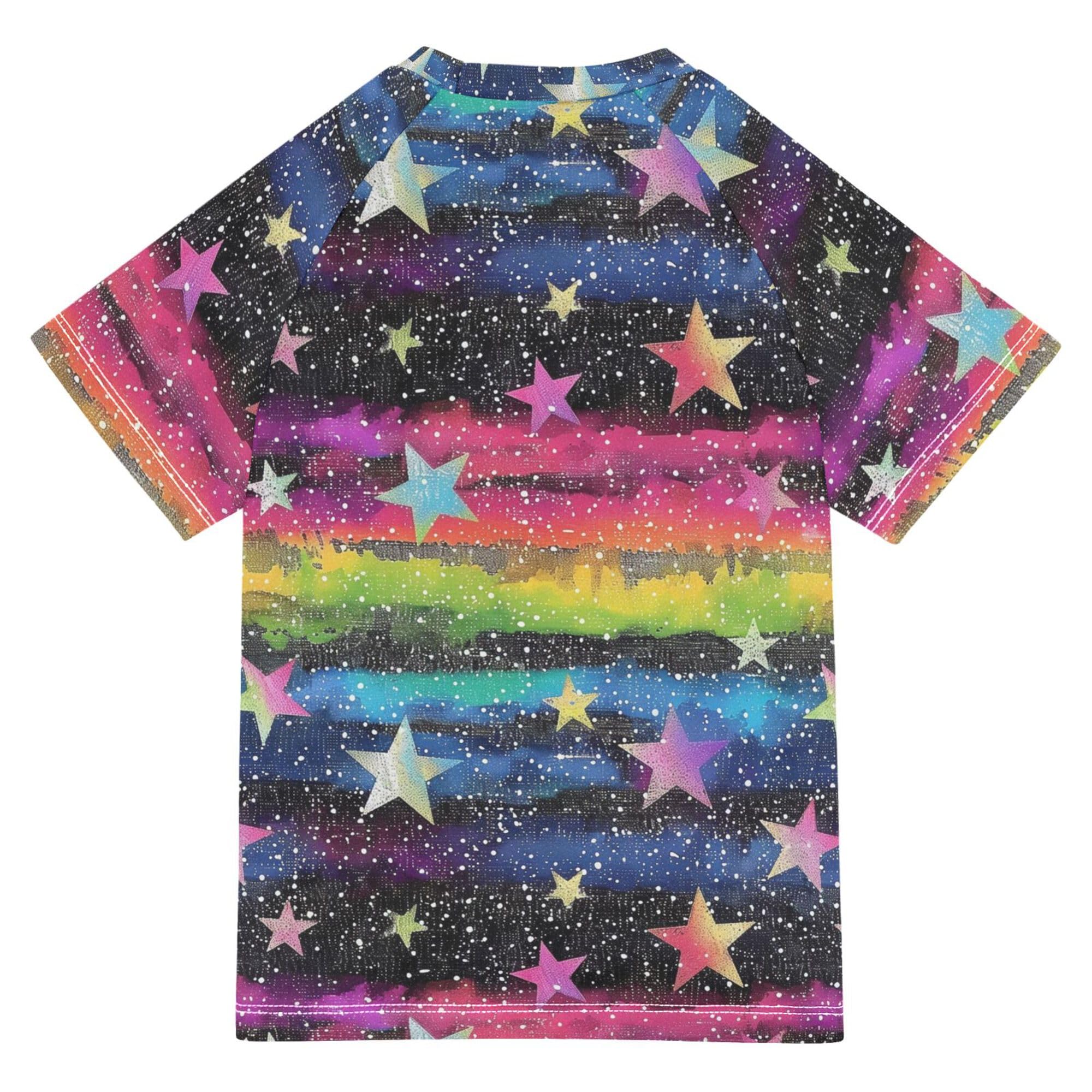 Wudan Glitter Gothic Stars on Rainbow Bathing Suit Kids UV Protection Kids Rash Guard Swimwears Summer Clothes for Big Boy 11-12Y