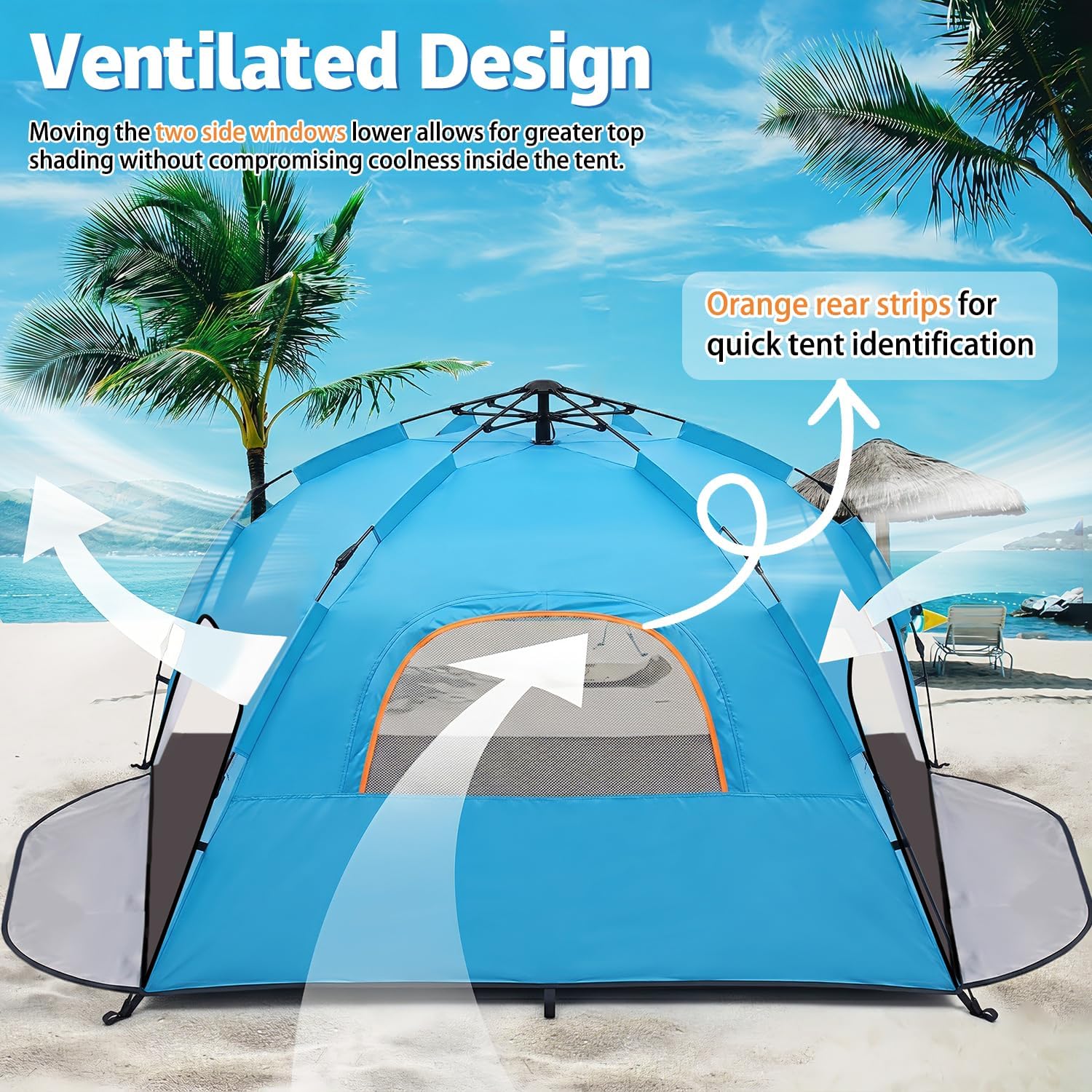 Pop Up Beach Tent Sun Shade Shelter with Extended Sand Mat for 3-4 Person - UPF 50+ UV Protection, 3 Zippered Doors & Vent Windows Easy Set up Beach Shade Tent
