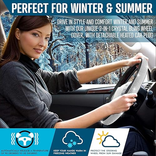 Miniatura 6 de Zone Tech - Funda térmica para volante de automóvil de 12 V, diamantes clásicos en blanco y negro, diamantes de imitación de primera calidad, piel