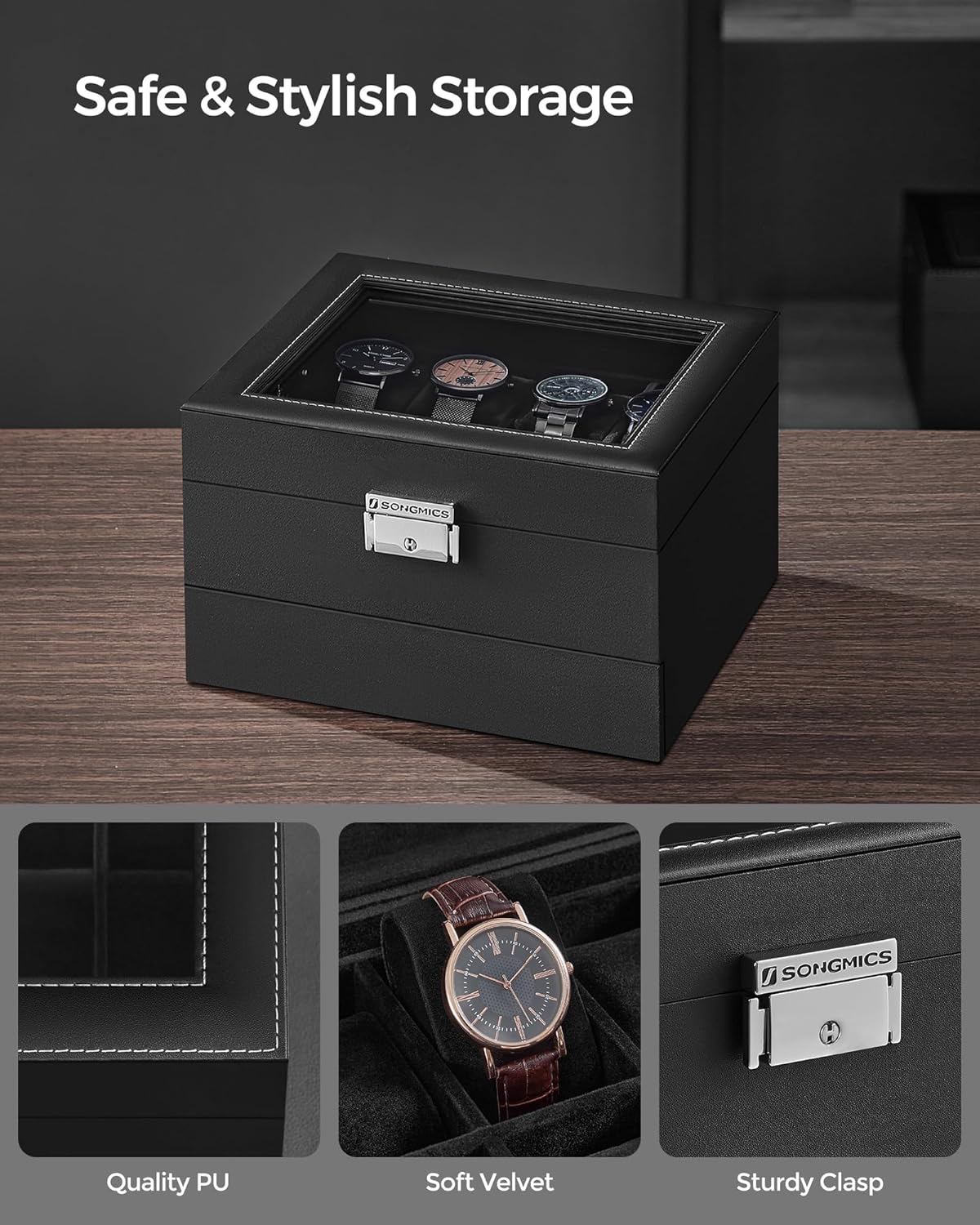 SONGMICS Watch Box, 8-Slot Watch Case Organizer with Large Glass Lid, 2 Layers, Removable Pillows, Metal Lock, Gift for Loved Ones, Black Synthetic Leather, Christmas Gift, Black Lining UJWB080B01
