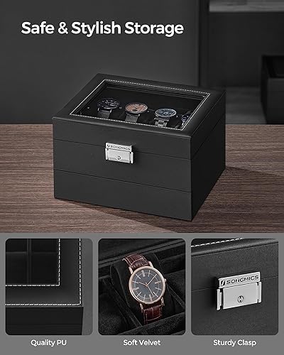 Vista 65 de SONGMICS Caja de reloj, organizador de 20 ranuras para reloj con tapa de vidrio grande, almohadas extraíbles, cerradura de metal, regalo para seres