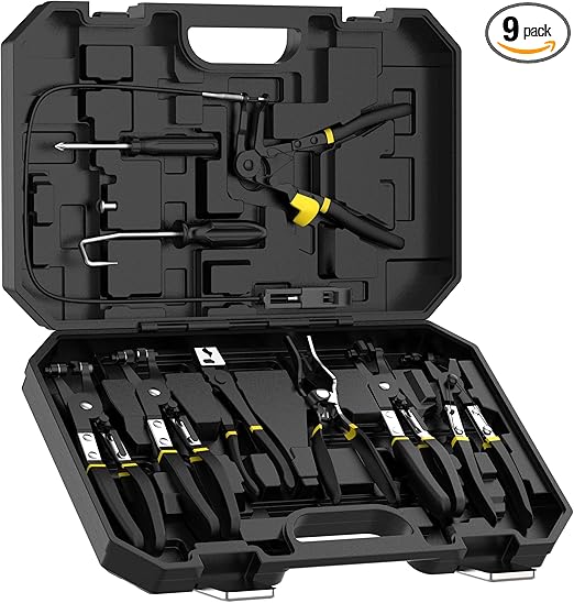 Renekton Hose Clamp Pliers Set, Flexible Wire Long Reach Clic R Type Swivel Jaw and Flat Band Pliers for Fuel Oil and Water Work, Automotive Repair Tools Kit, 9 Pieces