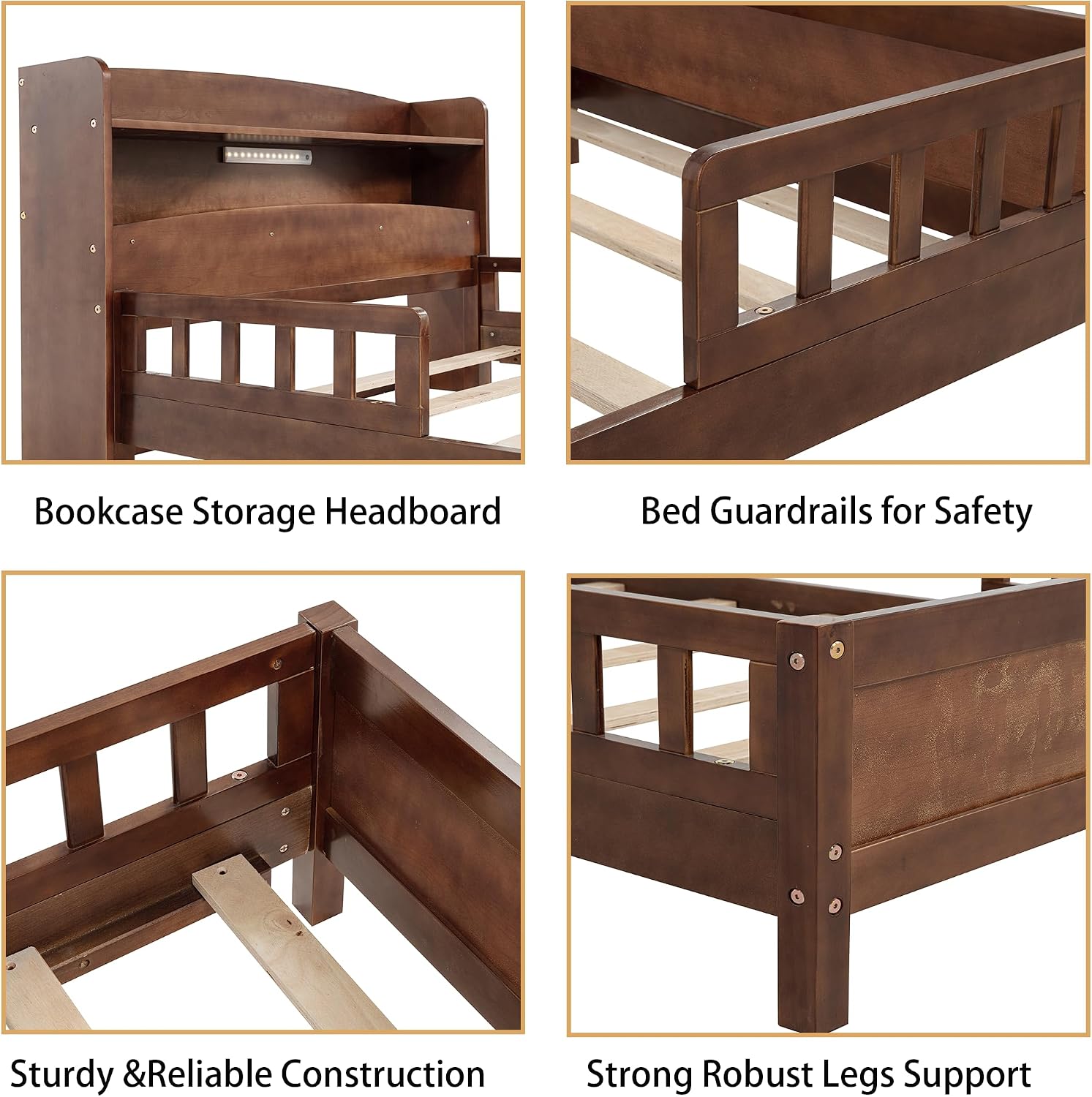 Full Size Bed Frame Kids with Rails, Wood Platform Bed Frame with Storage Headboard and LED Motion Sensor Light,Full Beds with Slats Support for Girls Boys,No Box Spring Needed,Walnut