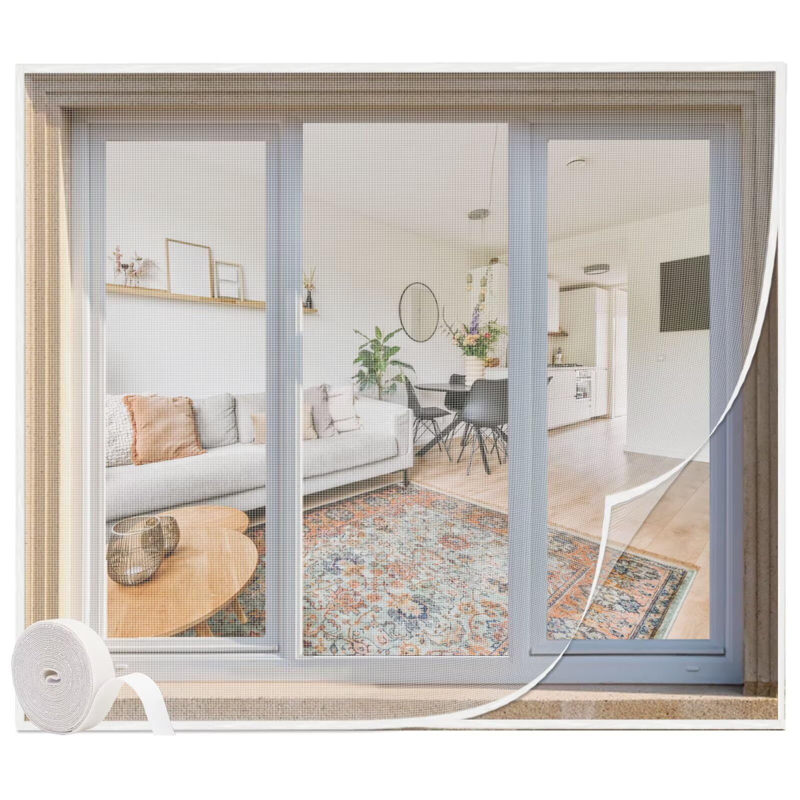 Jespeed White B 60X110cm Diy Fly Screen Window, Insect Mesh With Hook&Loop Strips, Fly Screen Window Translucent Insect Screen Window, White Fly Screen Mosquito Insect Net Mesh Screen Window