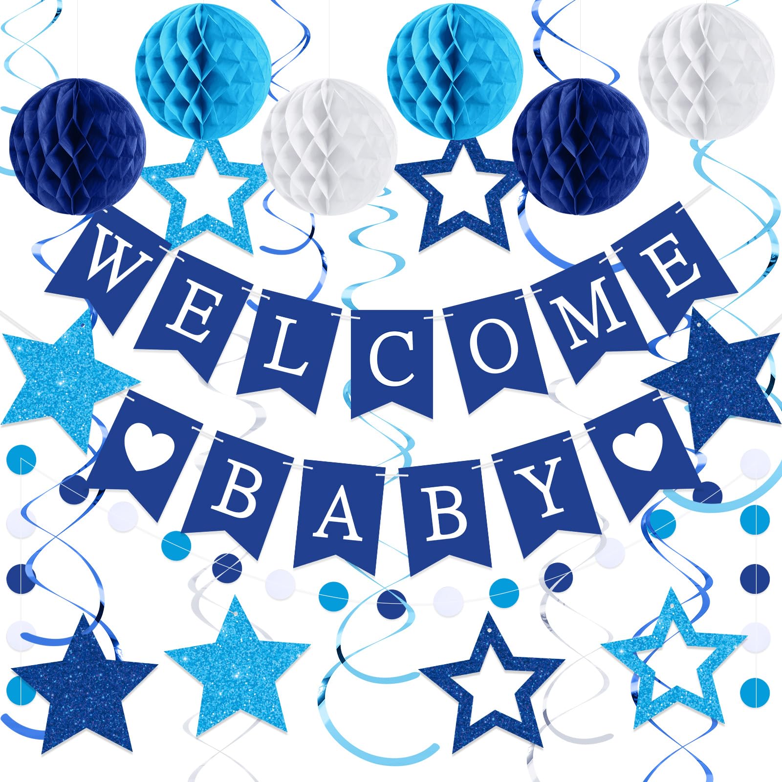 WinnerWhy 25 Pcs Baby Shower Decorations for Boy, Blue Welcome Baby Banner with Glitter Stars, Hanging Swirls, Honeycomb Balls, Circle Dots Garland Boy Blue Decorations for Gender Reveal Party Decor