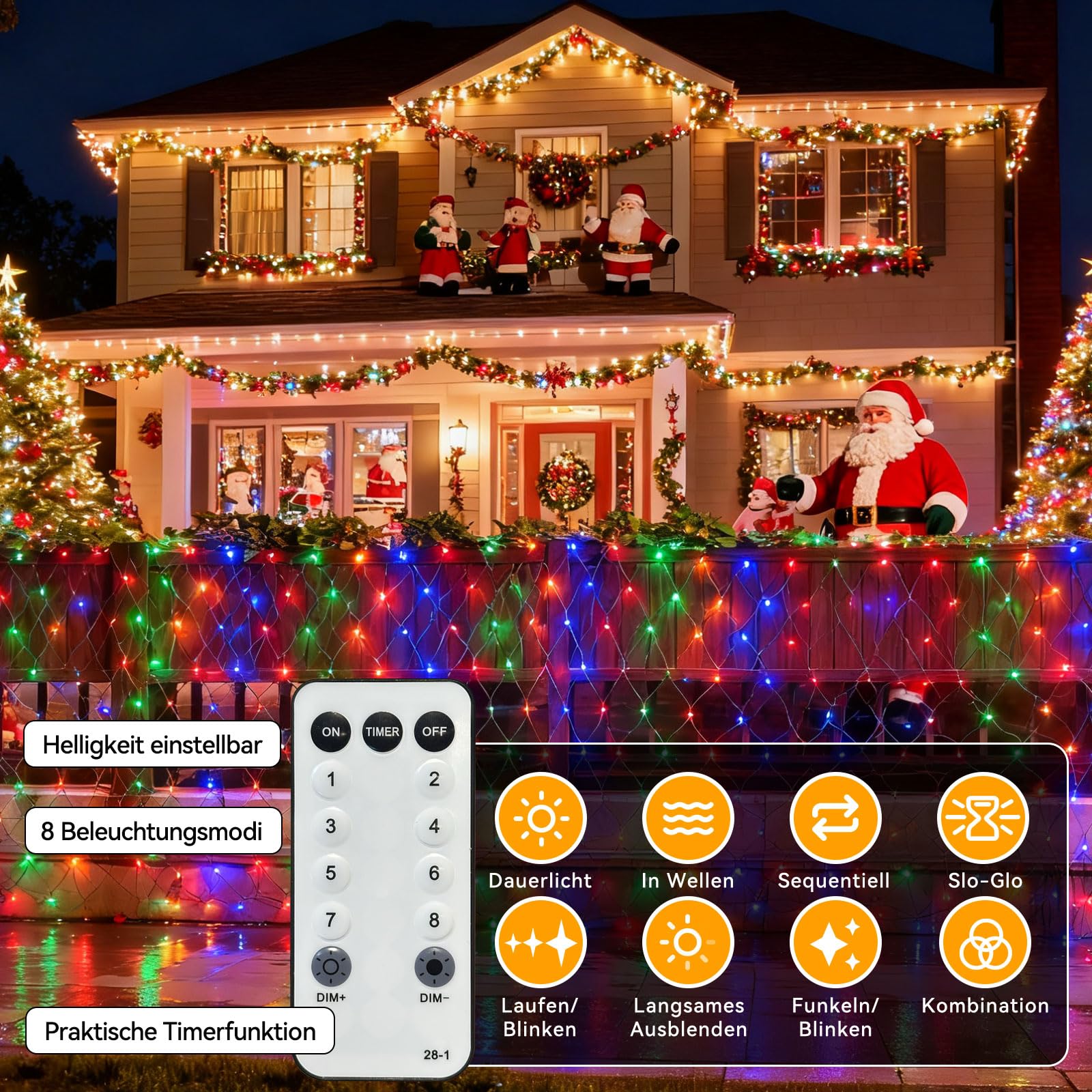 Bunte Lichternetz Außen, 6,5 m x 1,5M 360 Weihnachten Lichterkette Außen Netz mit Stecker,Fernbedienung & Timer 8 Modi,LED Netz Weihnachten für Weihnachtsbeleuchtung Büsche Garten Zimmer Balkon Wand