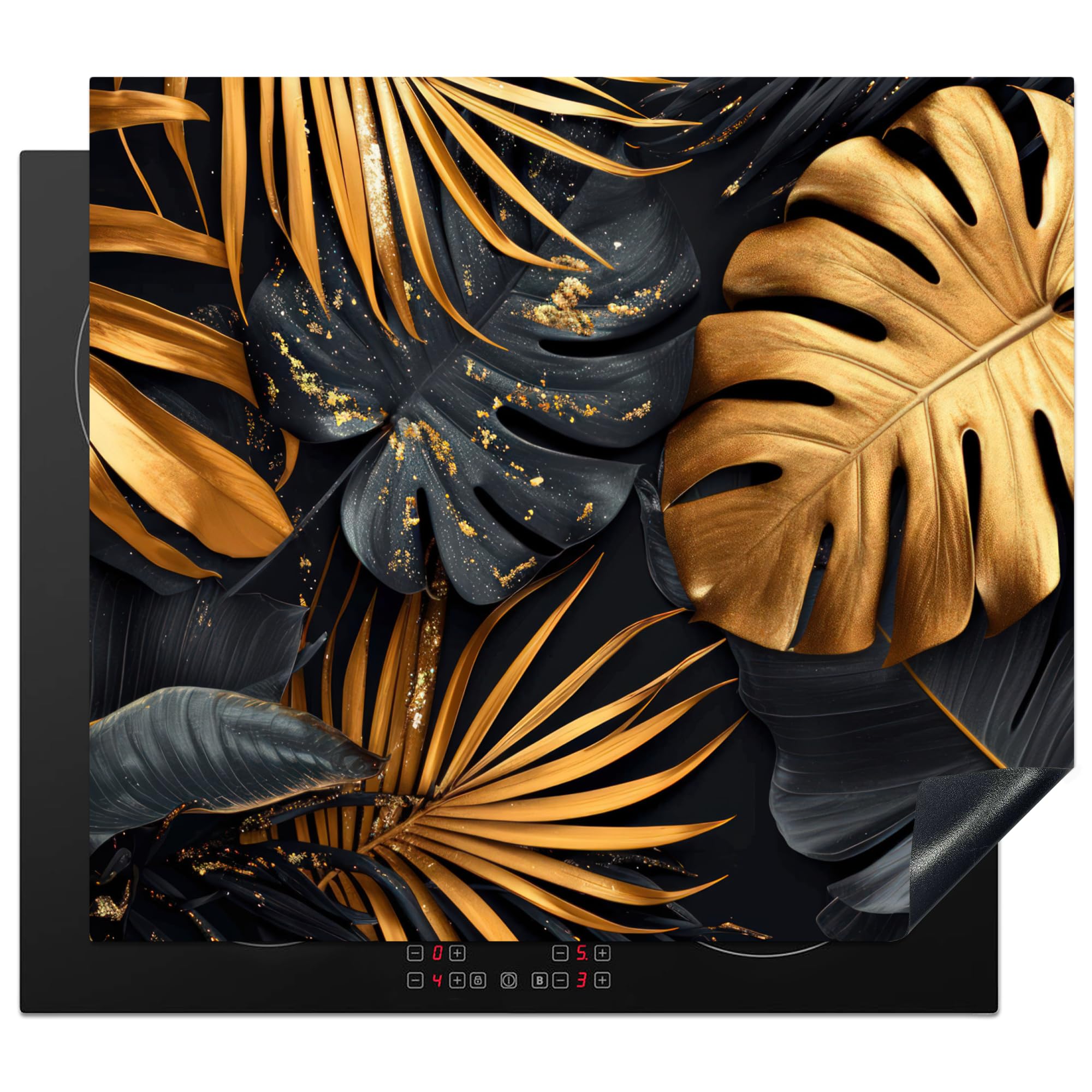 KitchenYeah© Induction Hob Cover Protector Mat 20.5"x23.6" / 60x52 cm Kitchen Universal Ceramic Covers for Electric Cookers Vinyl Leaves - Gold - Black - Nature
