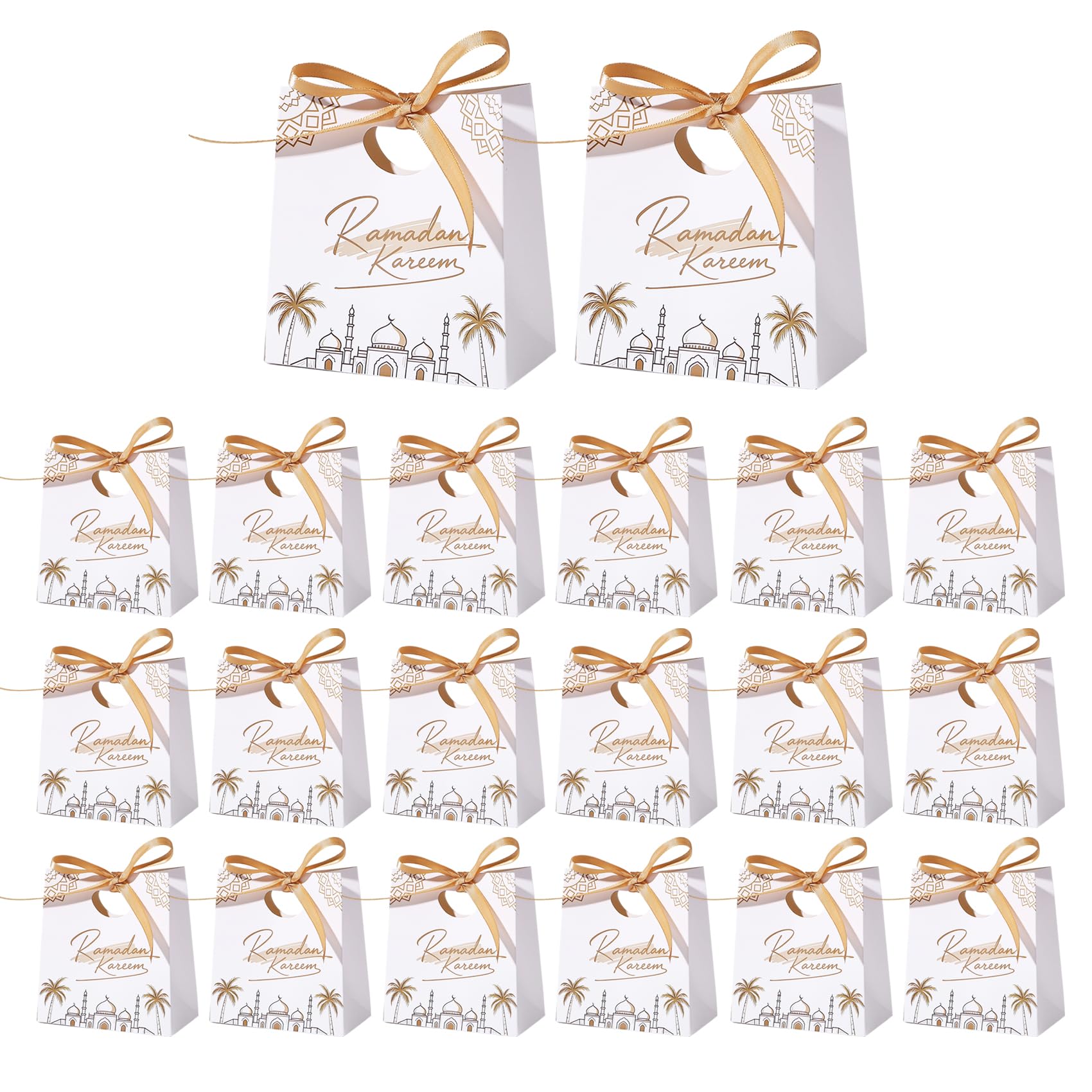 20Pcs Eid Mubarak Gift Bags Small Eid party Bags with Ribbons for Eid Sweets, Dates, Chocolates & Treats(White)