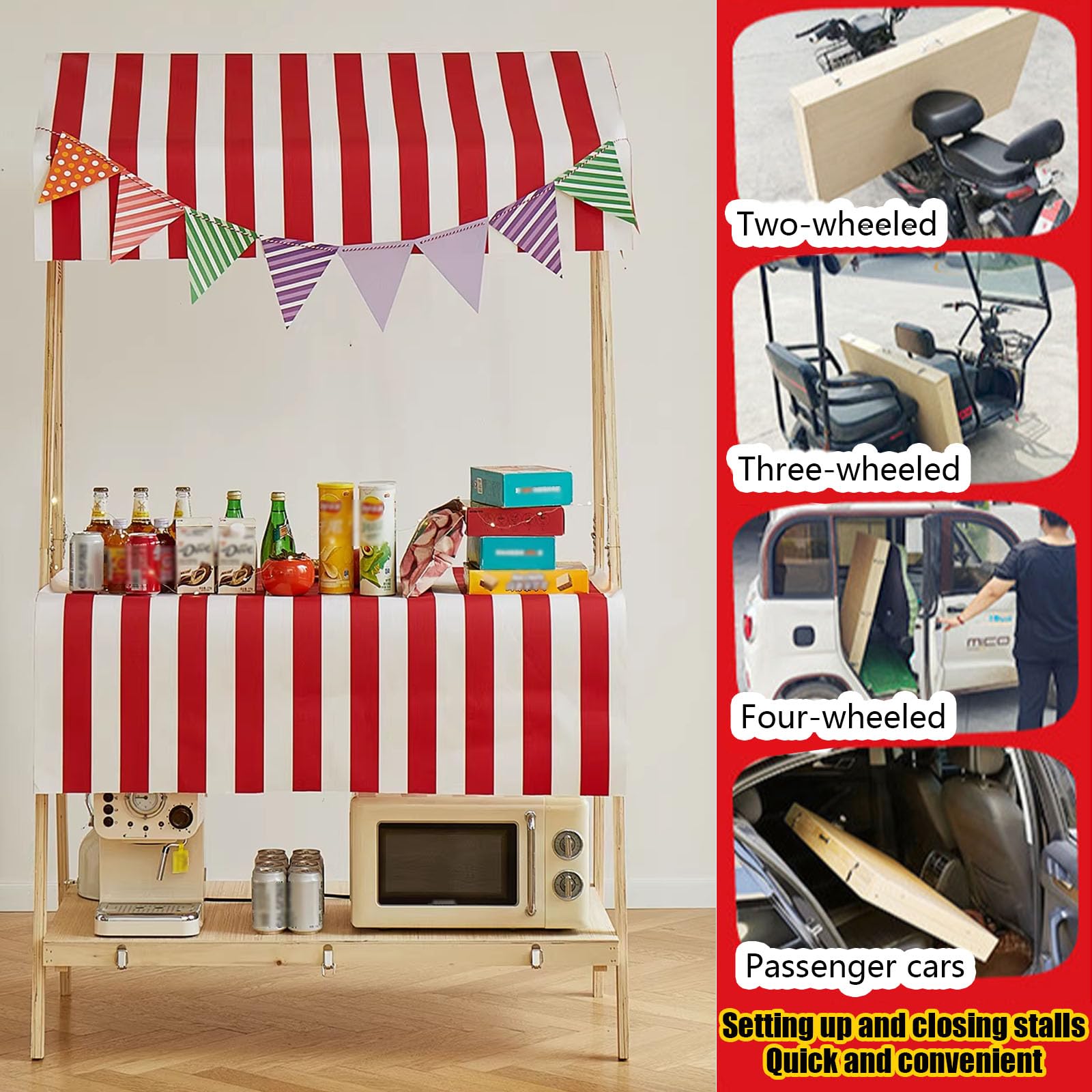 Carro Plegable con Expositor para Quiosco Carrito PortáTil con Toldo Estante Almacenamiento Dos Niveles FáCil Transportar Ideal para Mercados Y Puestos Comida Callejeros Pink-A 140cm/55in