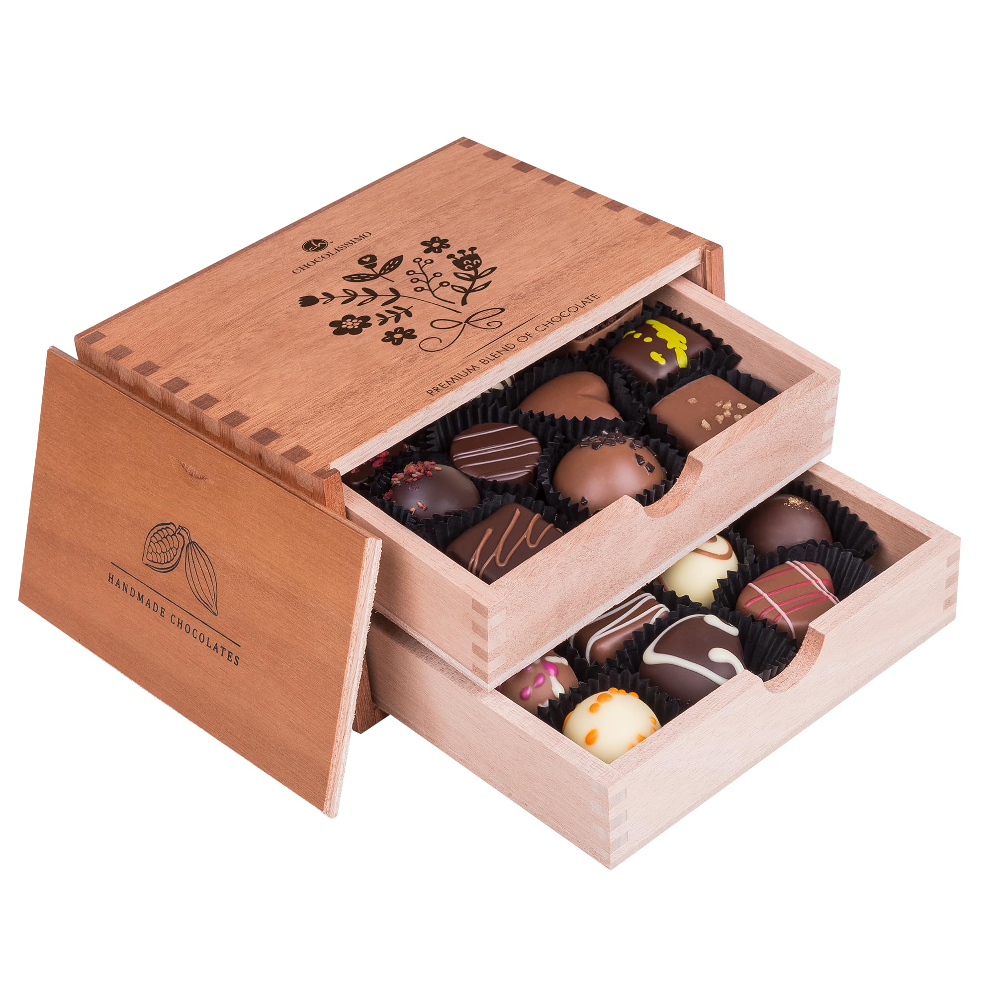 CHOCOLISSIMO - Pralinen Geschenk - Schokolade Geschenk - 20 edle Pralinen in Holzbox mit Blumenmotiv - Geburtstag Geschenk für Frauen, Mama, Freundin, Oma - Frauentag, Renteneintritt
