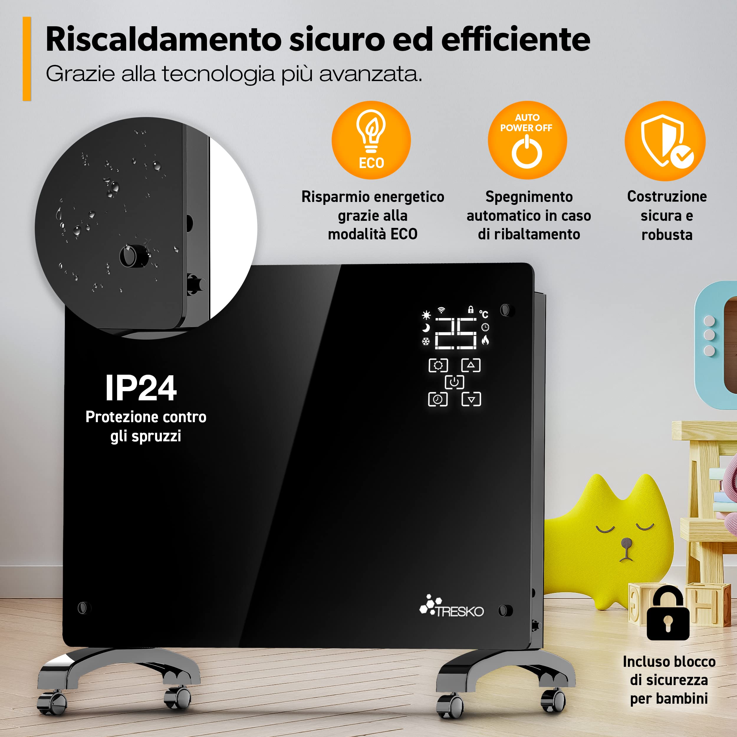 TRESKO Stufa Elettrica Basso Consumo 2000W - Wifi & APP | Stufa Elettrica basso consumo | Termoconvettore con Rotelle | Termosifone Elettrico Portatile | Termoconvettore a Parete con Termostato
