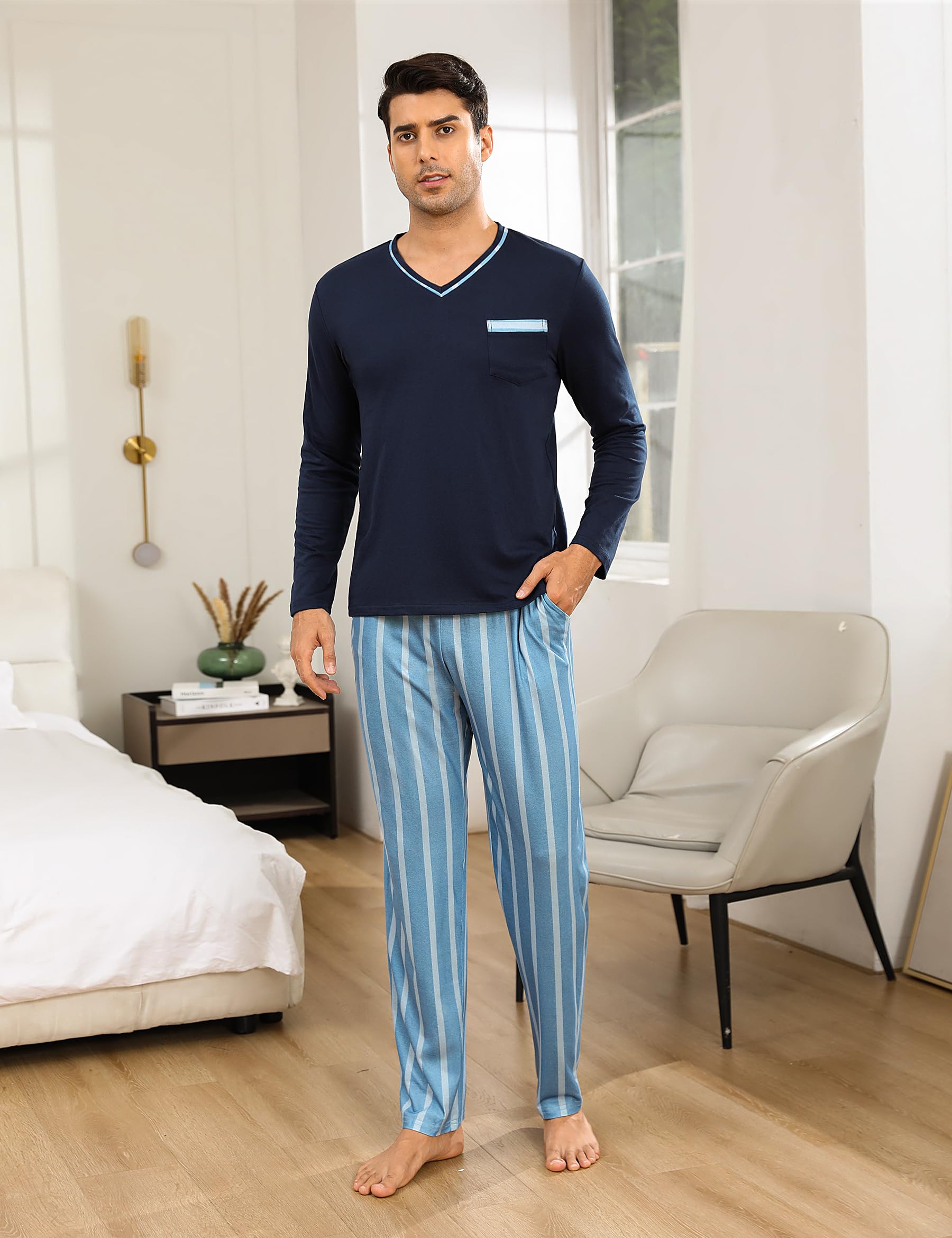 Demegimi Pijama Hombre Invierno Algodón Rayas Pijamas de Manga Larga para Hombres Conjuntos de Pijama de 2 Piezas Ropa de Dormir Cuello en V y Pantalones Largos Suaves