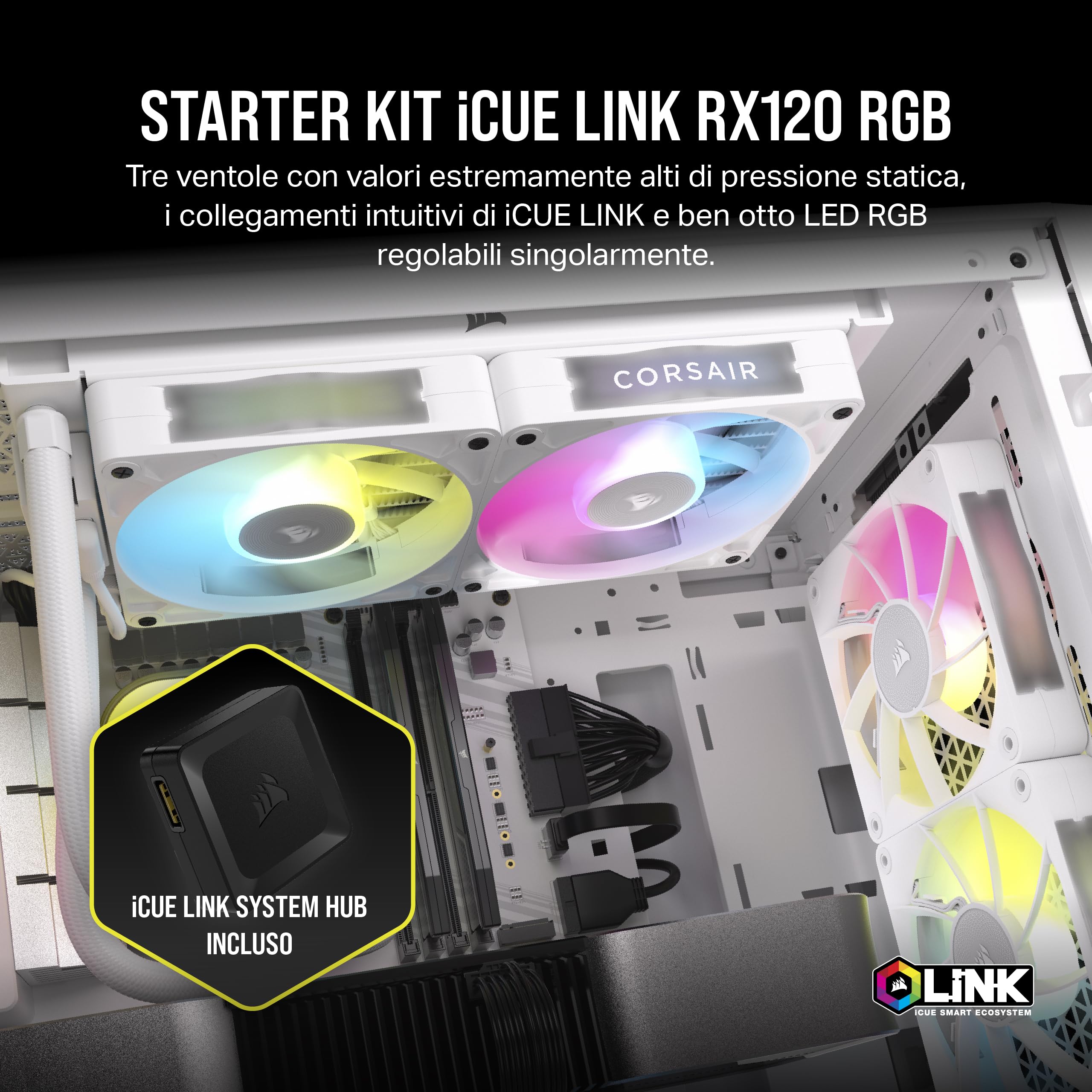 CORSAIR iCUE LINK RX120 RGB 120 mm Ventole PWM con Hub di Sistema iCUE LINK - Cuscinetto a Cupola Magnetica - Confezione Tripla - Bianco