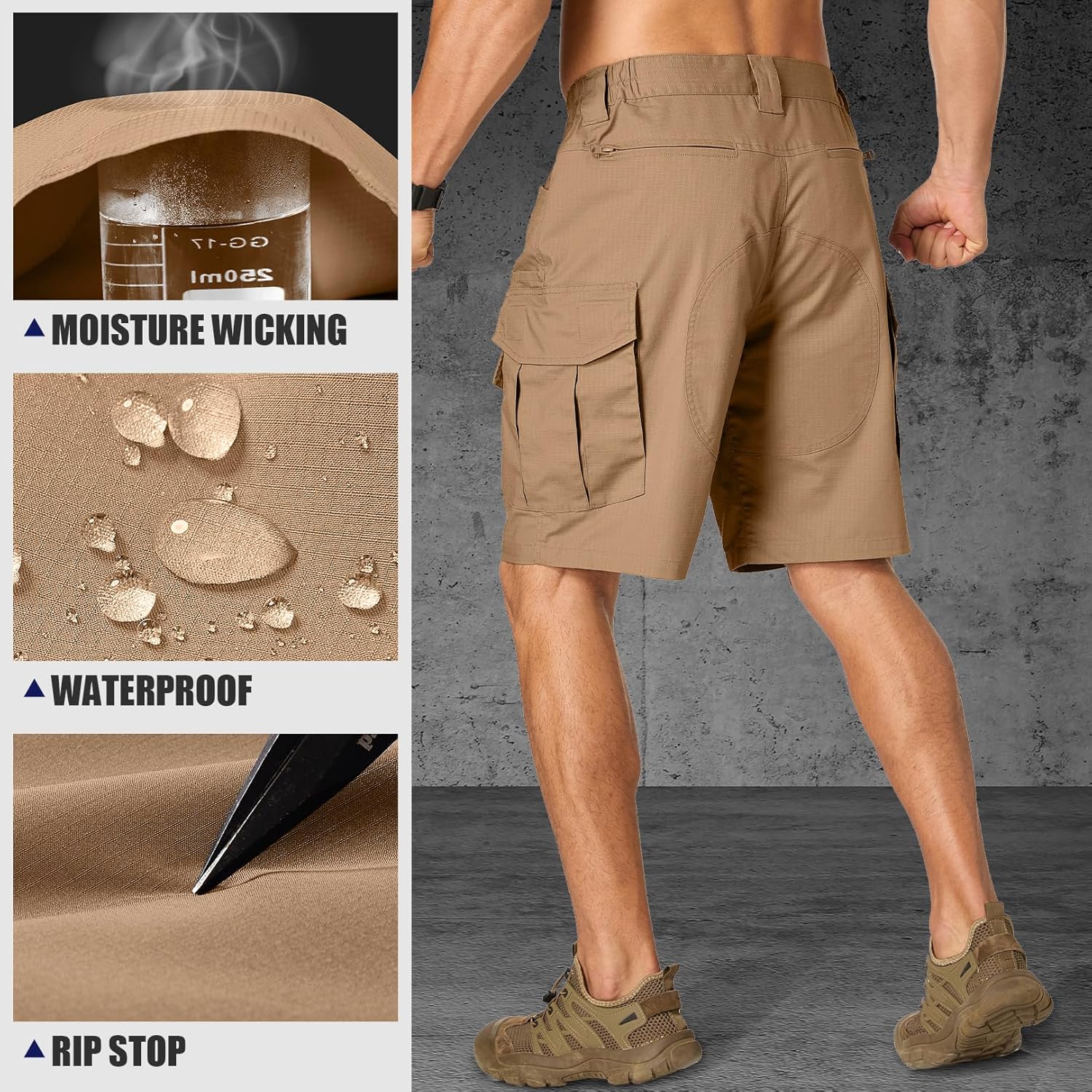 Mens Tactical Cargo Work Shorts Waterproof Rip Stop Stretch Outdoor Hiking Military Combat Shorts with Multi-Pocket (No Belt)
