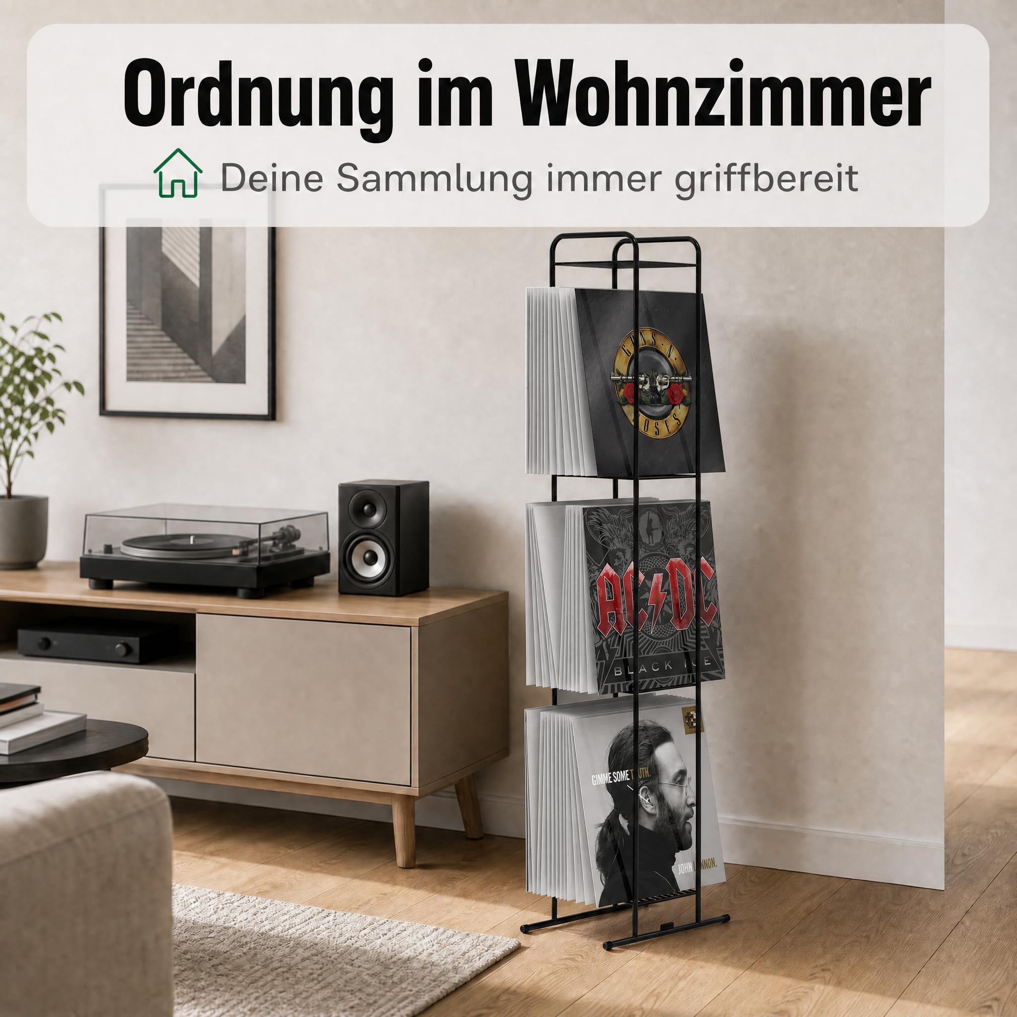 Zomo VS-Rack Vinya 150 Schallplattenständer – 300 x 190 x 1155 mm - Schwarz - 3 Ebenen Vinylregal aus Stahl – Design LP Standregal für bis zu 150 Schallplatten