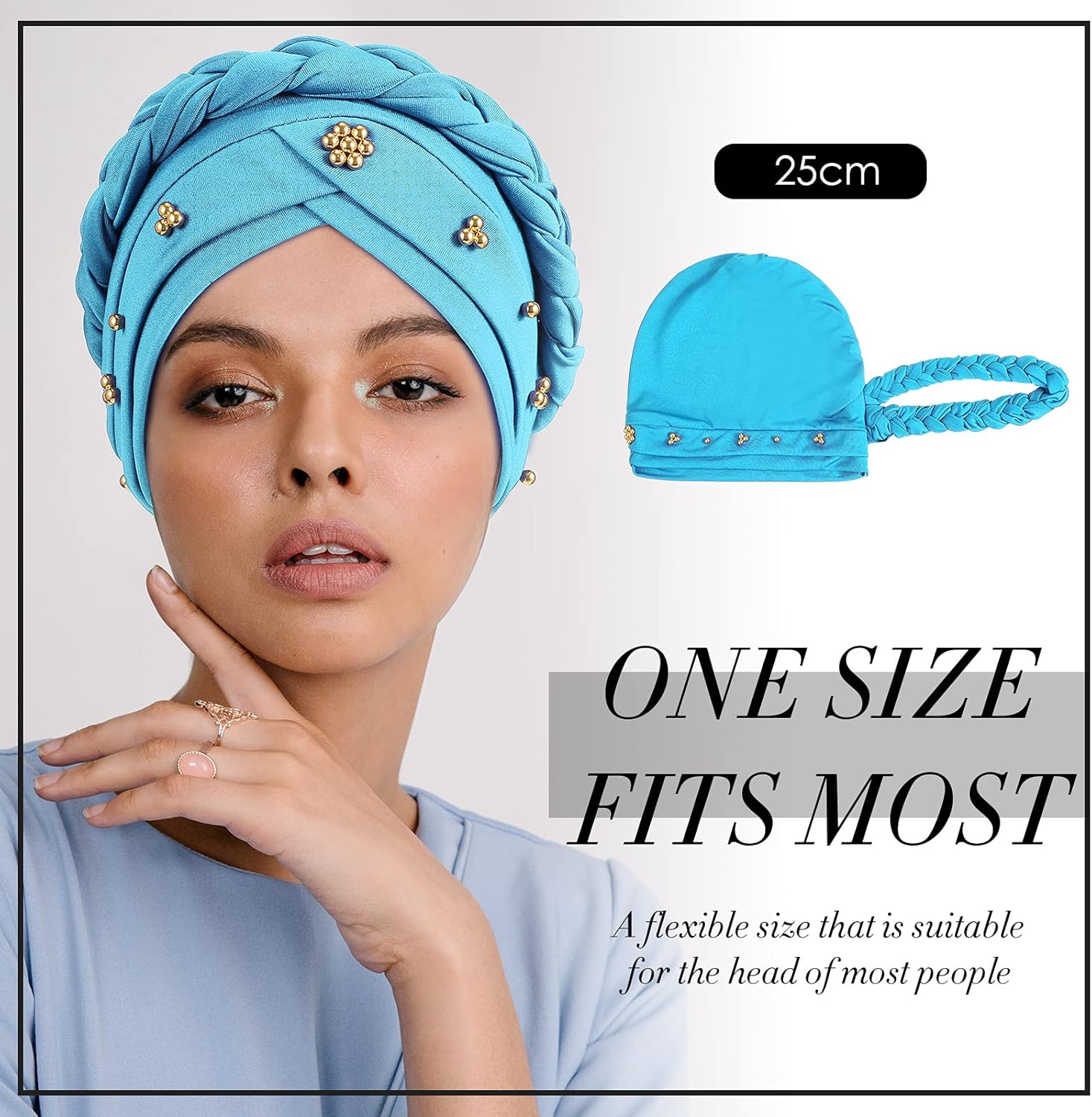 6 Pieces Women African Turban Head Wraps Caps Twisted Braid Beaded Elastic Wrap Cap
