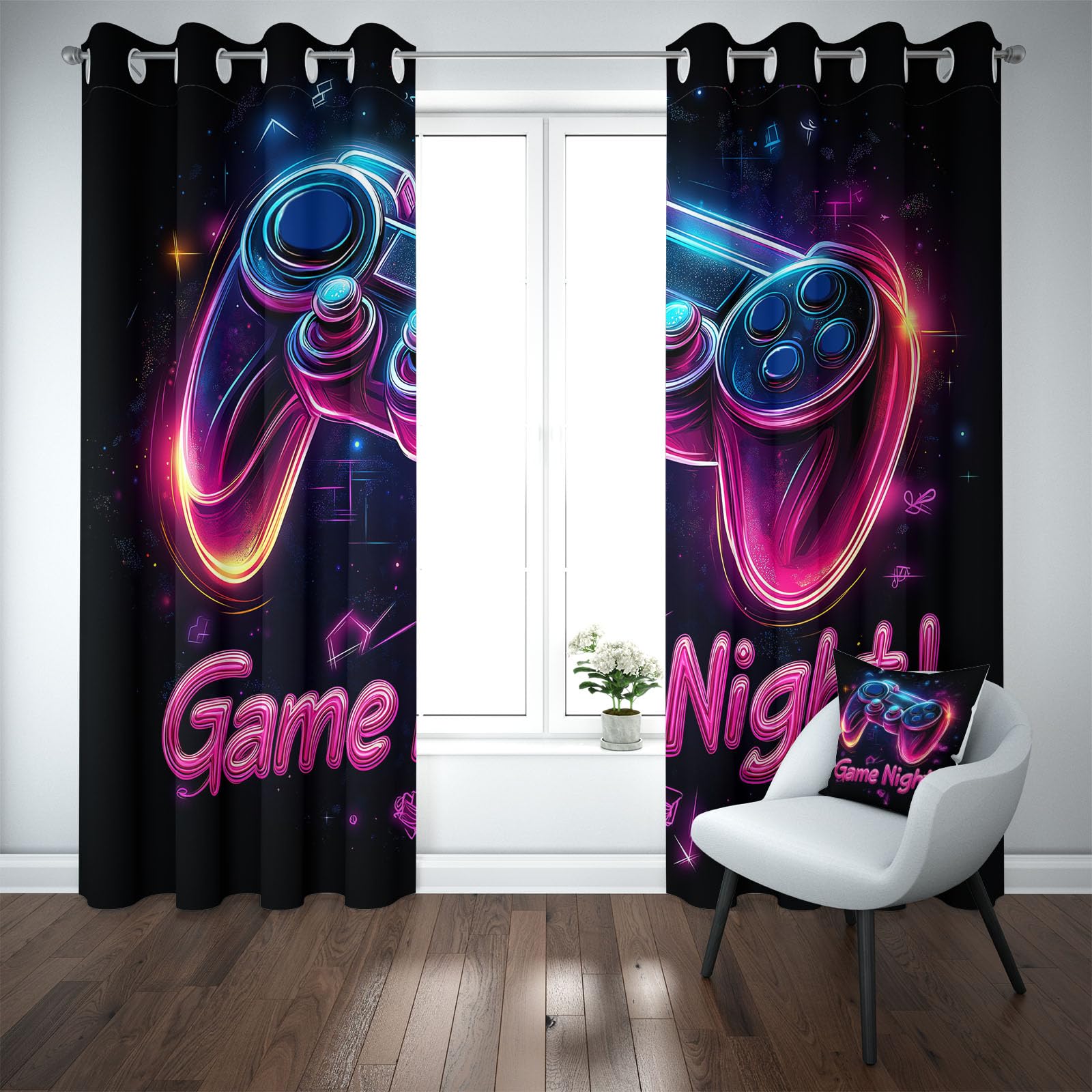 Lot de 2 Rideaux Console Gamepad Néon Gamer Rideau Occultant Thermique