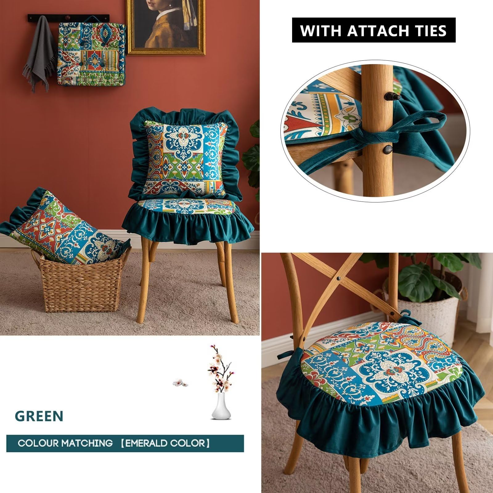 Cojines para sillas de comedor con faldón, almohadillas para sillas de comedor, paquete de 6 con lazos, cojín de asiento de 45 x 45 para sillas de cocina, funda lavable y extraíble, color morado