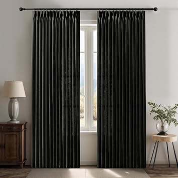 IVAPUPU Pinch Pleated Curtains 90 Inches Long, Light Filtering Thick Linen Textured Curtain Memory Trained Back Tab Window Drapes with Hooks Rings for Bedroom Living Room, 2 Panels, Black, 40x90