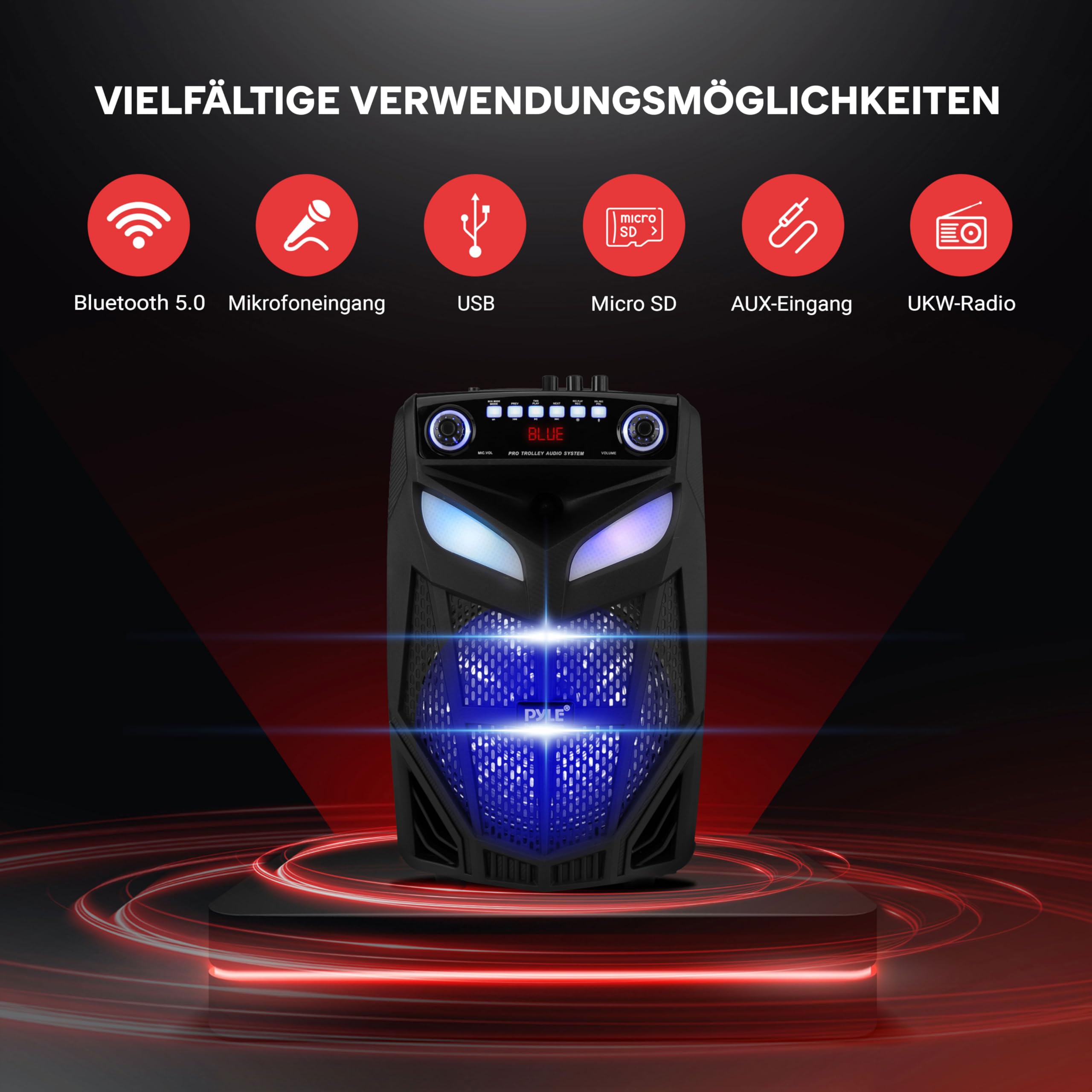 Pyle Karaoke Anlage mit Mikrofon 800W 12 Zoll – Tragbarer PA Lautsprecher Bluetooth Partybox mit Akku, LED Licht, Radio, USB SD AUX, Trolley Rollen für Events und Outdoor