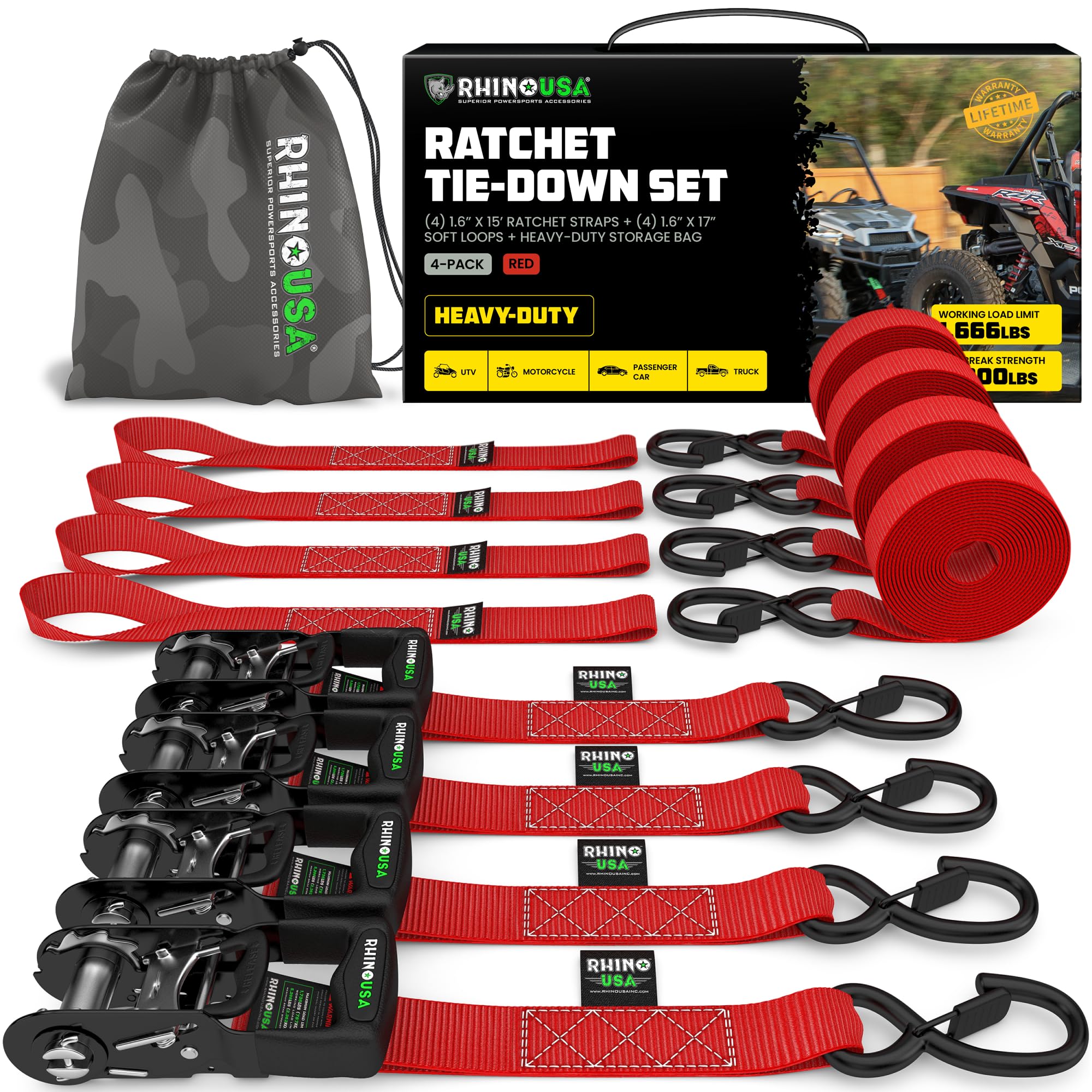 Rhino USA Heavy Duty Ratchet Tie Downs (4-Pack) - 1.6in x 15ft, 5,000lb