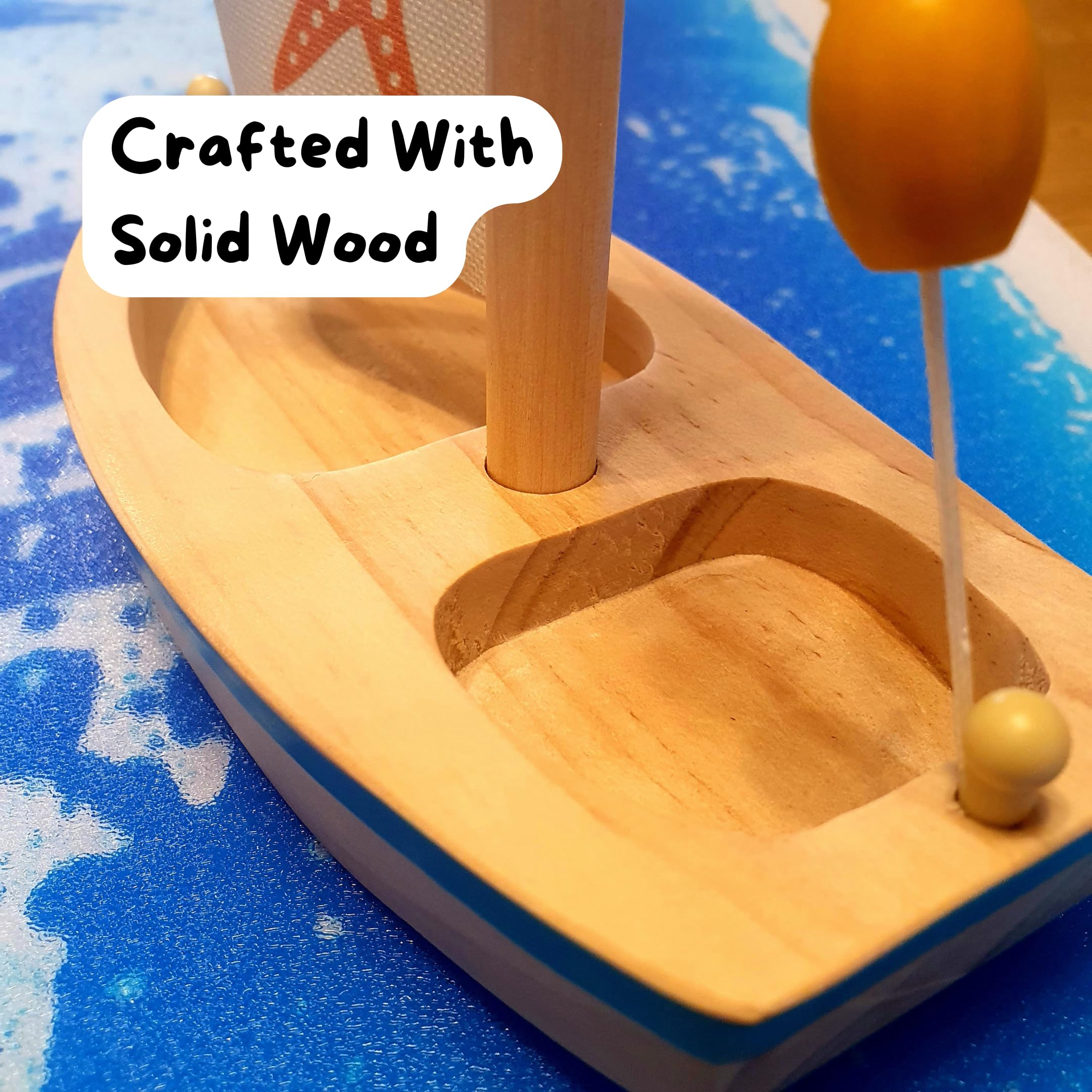 Talking Turtle Wooden Bath & Beach Toy Boat - Floating Sailboat with Real Fabric Sail - Image 4