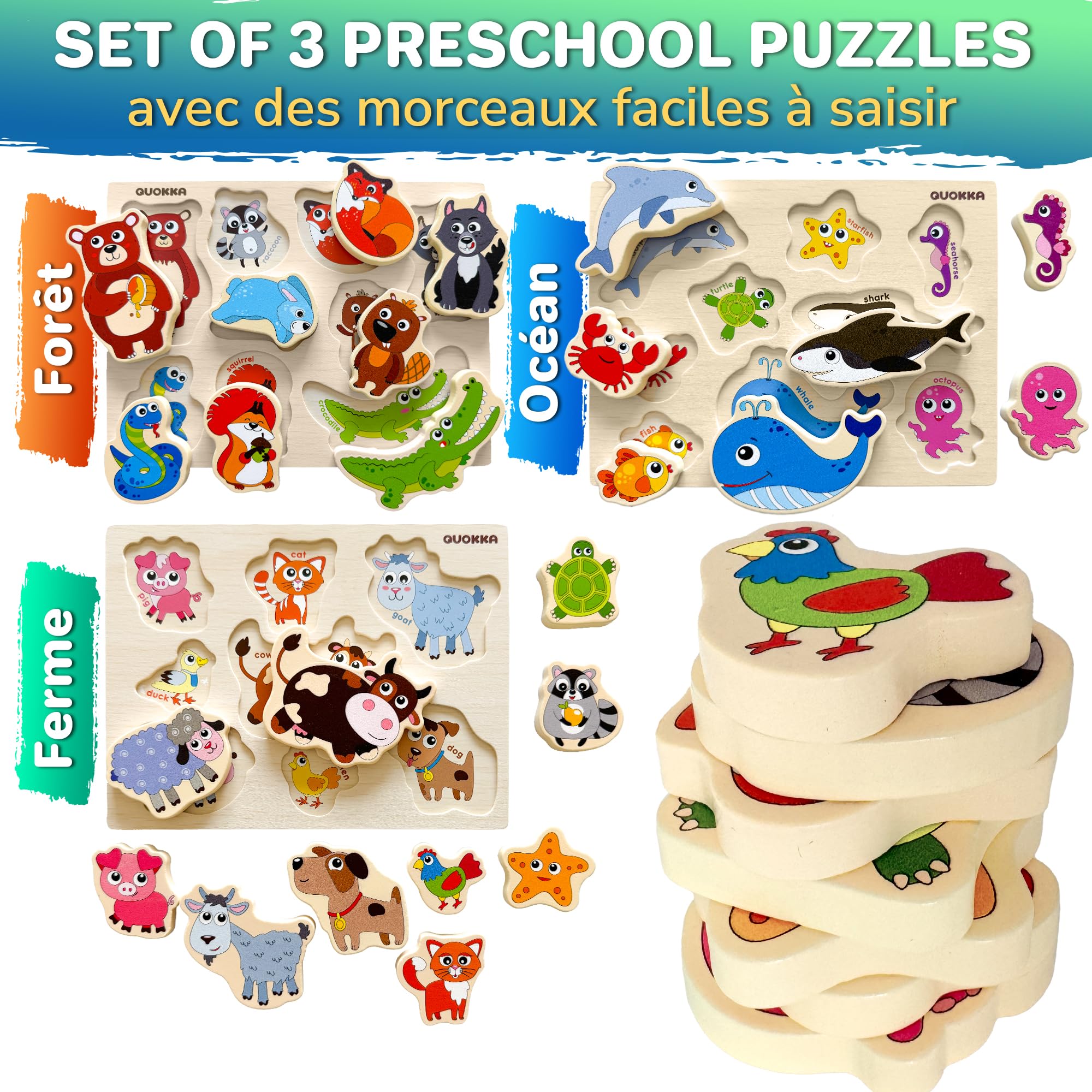 QUOKKA Puzzle en Bois Enfant 1 2 Ans - Jouet Montessori Animaux Épais 3 4 Ans - Jeux Educatif Cadeau 1 à 3 Ans