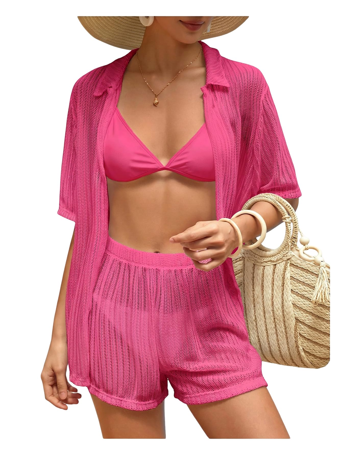 Milumia Women's 2 Piece Cover Ups Set Short Sleeve Open Front Hollow Out Swimsuit Coverup with Shorts