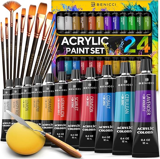 Complete Acrylic Paint Set – 24х Rich Pigment Colors – 12x Art Brushes with Bonus Paint Art Knife & Sponge – for Painting Canvas, Clay, Ceramic & Crafts, Non-Toxic & Quick Dry – for Kids & Adults