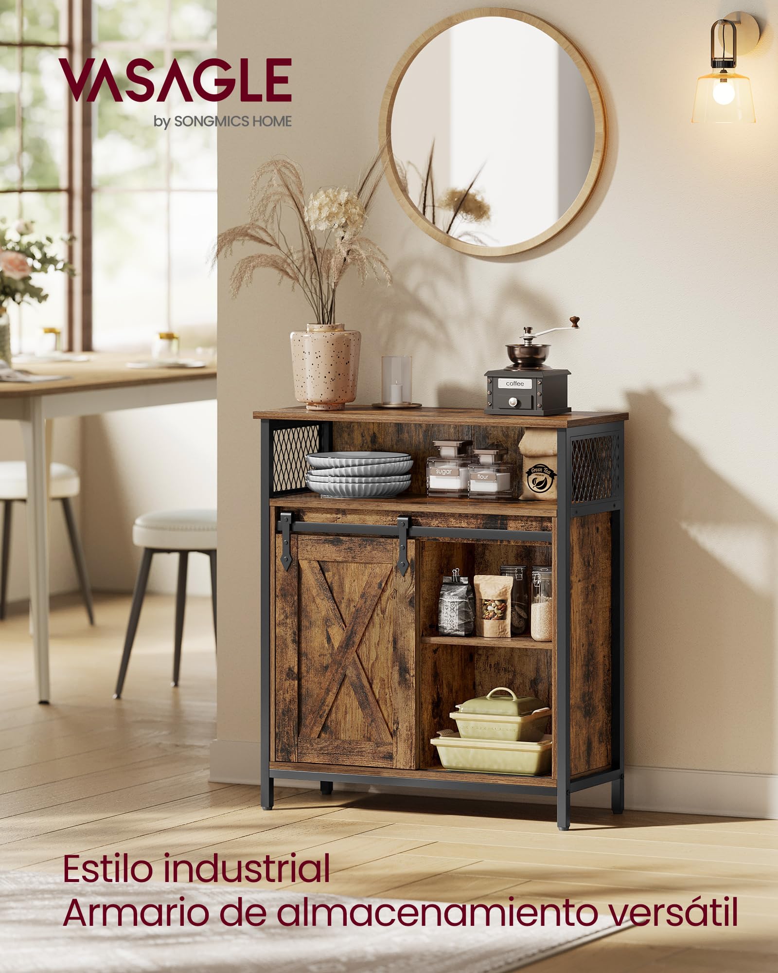 VASAGLE Aparador, Armario de Cocina, Armario de Almacenamiento, con Puerta Corredera, 30 x 70 x 80 cm, Estantes Ajustables, para Salón, Marrón Rústico y Negro Tinta LSC089B01