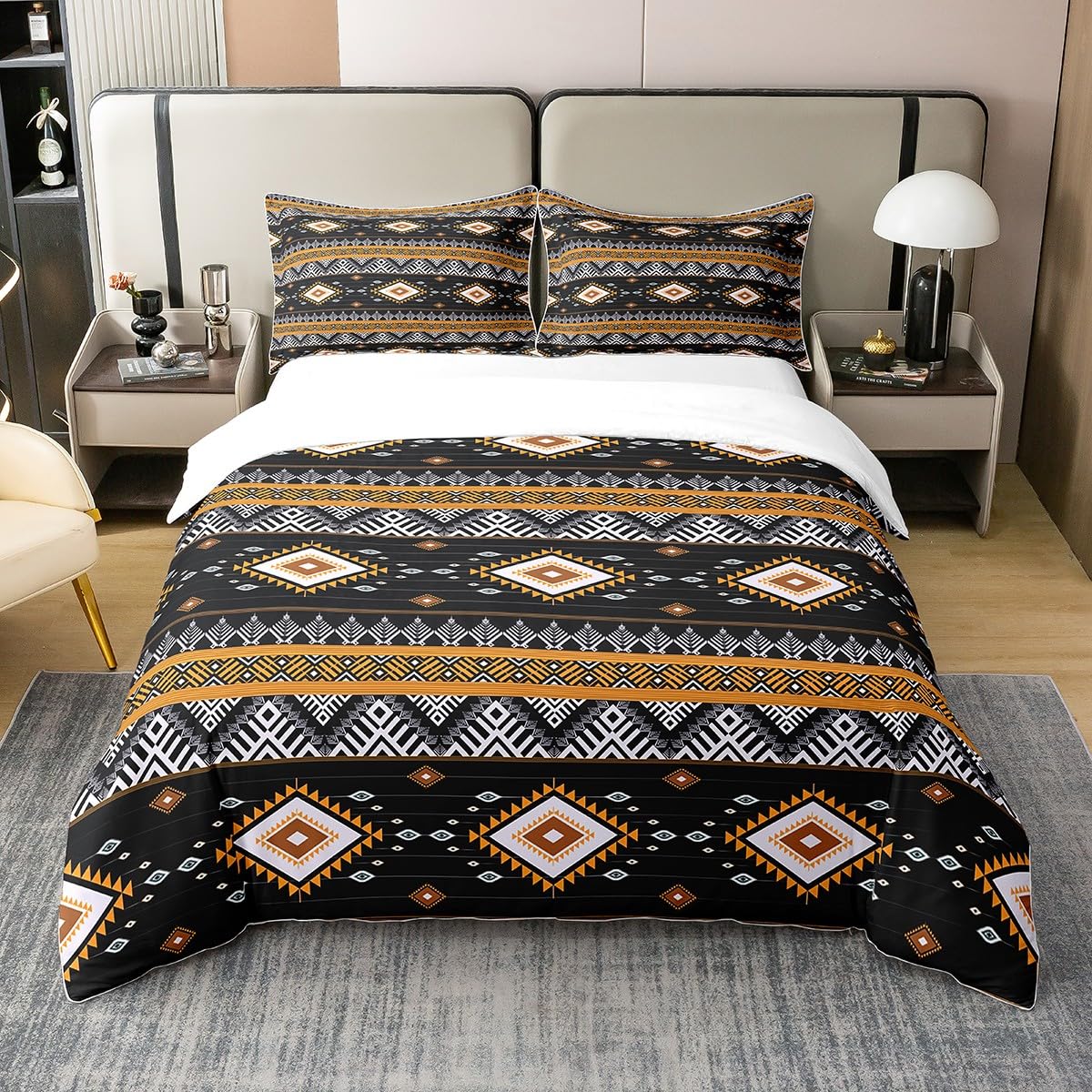 100% Cotton Western Bedroom Bedding Set Black Boho Aztec King Comforter Cover for Men Women Southwestern Duvet Cover Exotic Tribal Bohemian Geometric Quilt Cover 2 Pillow Cases Home Room Decor