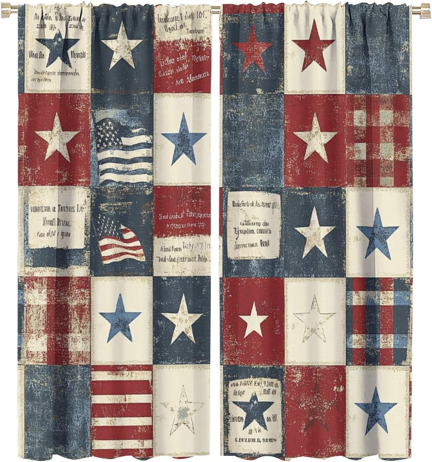 Patriotic Star Patchwork Blackout Curtains for Bedroom/Living Room, Classic American Flag Thermal Insulated Curtains Rod Pocket Window Drapes, 2 Panels/Each 21" W x 45" L