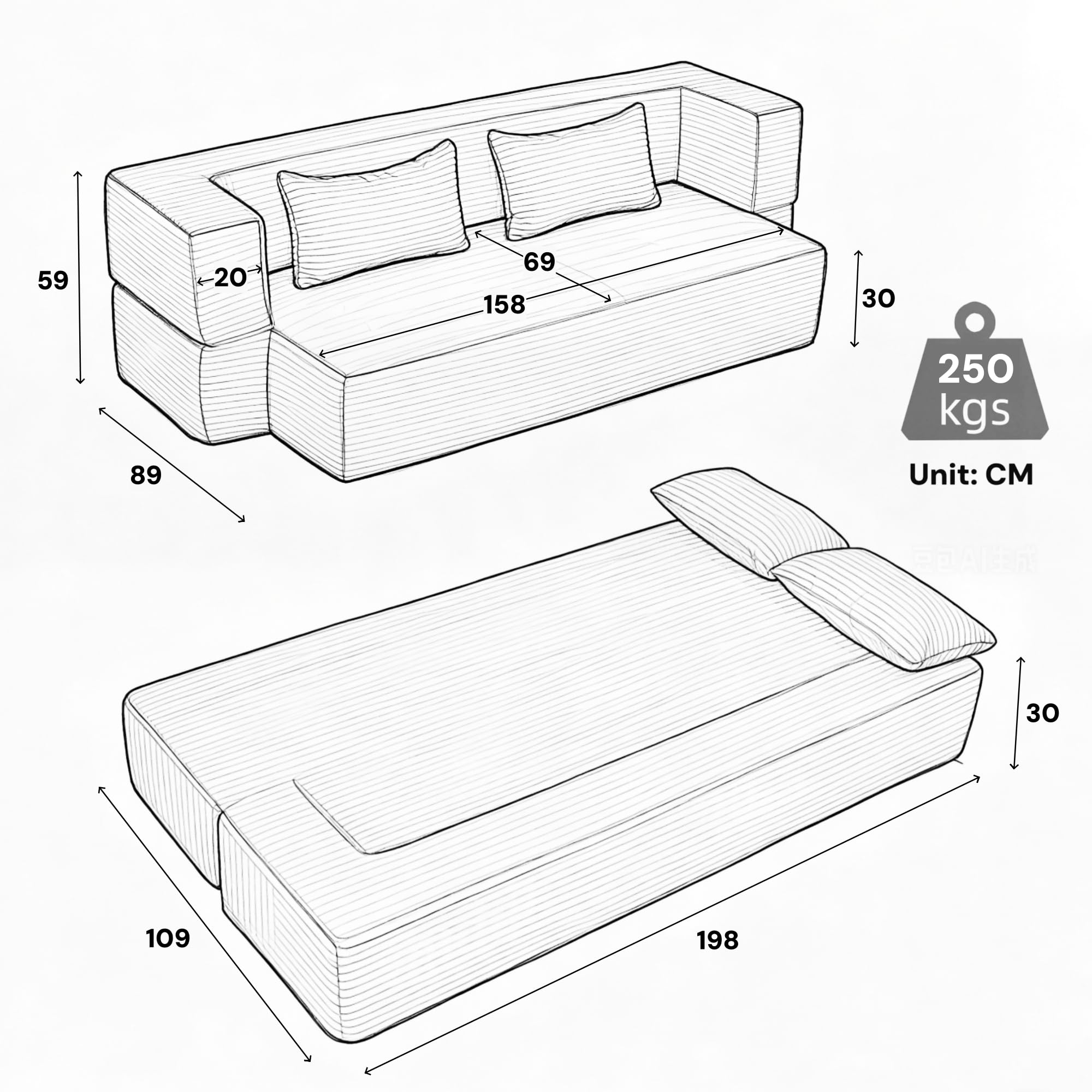 FurnitureR Sofá cama de pana beige 2 plazas Sofá de suelo modular | Sofá de pana beige con función de descanso, estructura modular, acolchado suave y montaje inmediato sin montaje.