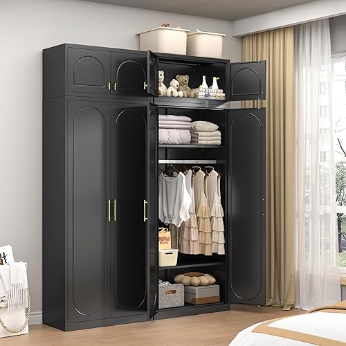 Miniatura 17 de Armario de metal, armario con barra para colgar, armario de almacenamiento de ropa con estantes y puertas ajustables, armario de ropa para