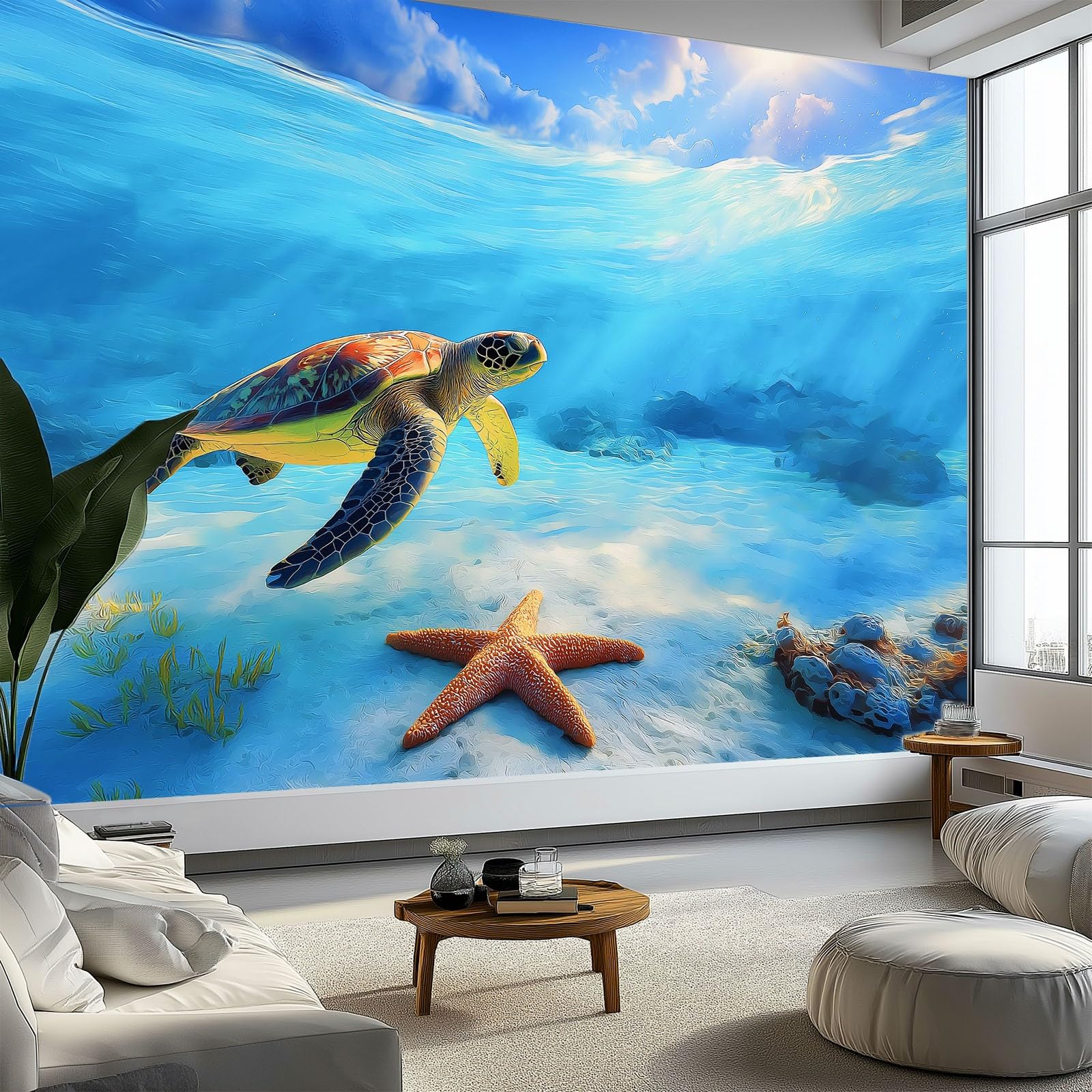 Podwodny świat żółw rozgwiazda tapeta sypialnia dzieci chłopcy tapeta 3D mural, niebieski pokój dla dzieci nastolatków plakat zdjęcie fototapeta pokój tematyczny pokój zabaw 400 x 280 cm