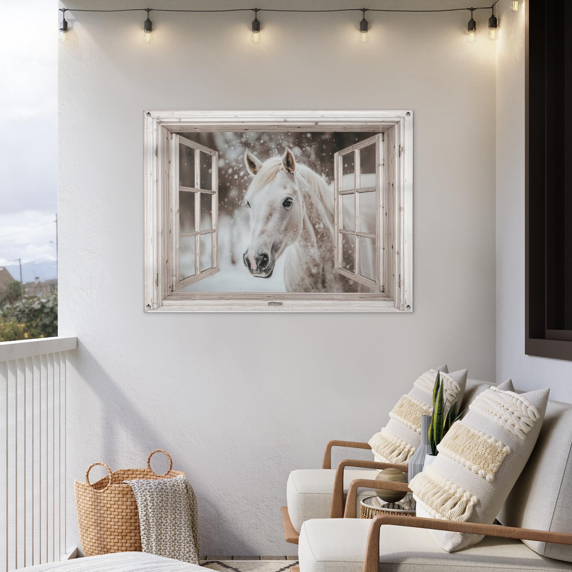 MuchoWow© Póster De Jardín Terraza Exterior Accesorios Jardin Decoracion | 120x90 cm - Pared Decorativa Balcon Wall Decoration Posters Decorativos Caballo - Blanco - Invierno - Nieve - Transparente