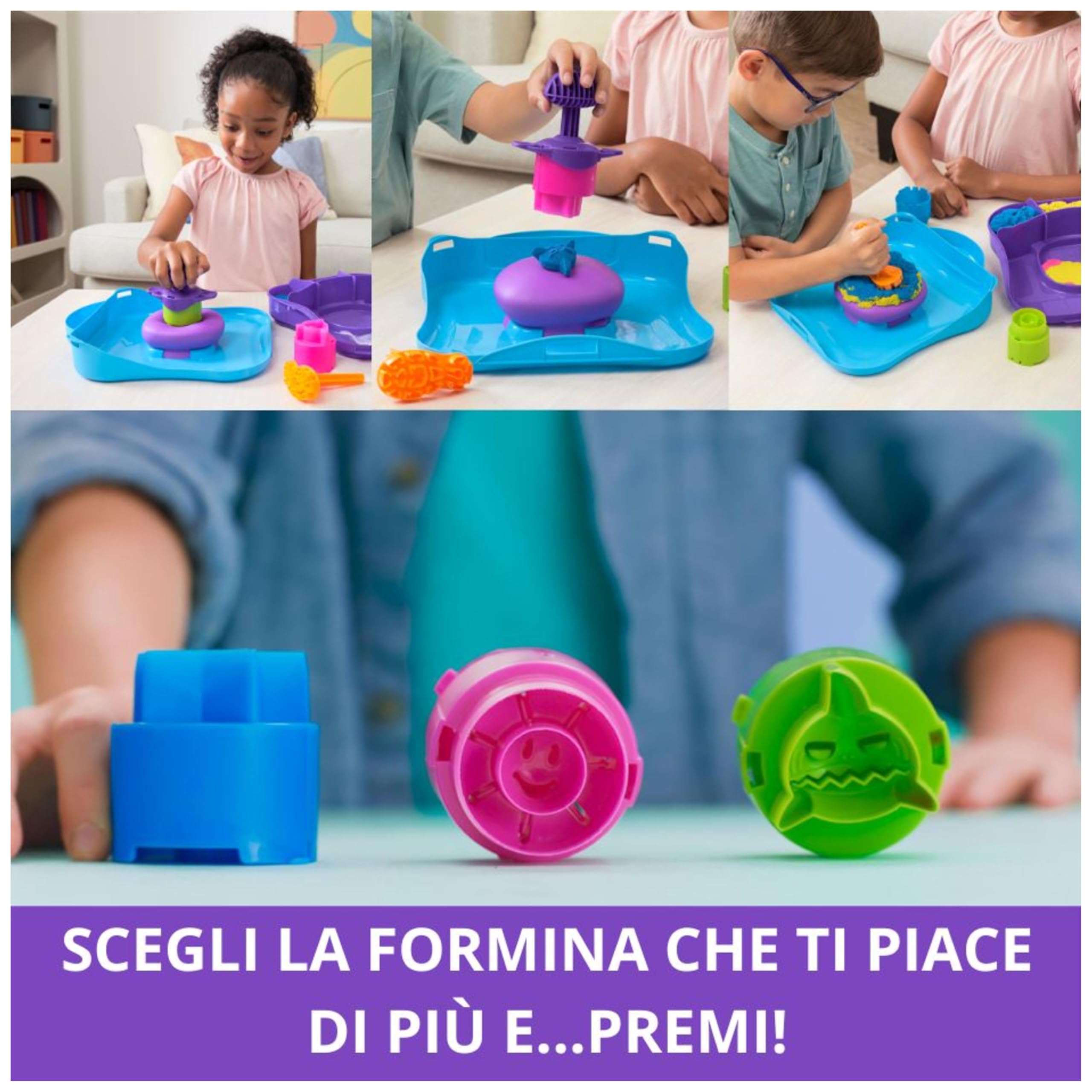 Kinetic Sand, Set di Gioco Squish Motion, Sabbia Colorata Rosa, Gialla, Blu, Sabbia Cinetica 453g, 5 Accessori, Comoda Valigetta. Giocattoli per Bambini e Bambine, 3+ anni
