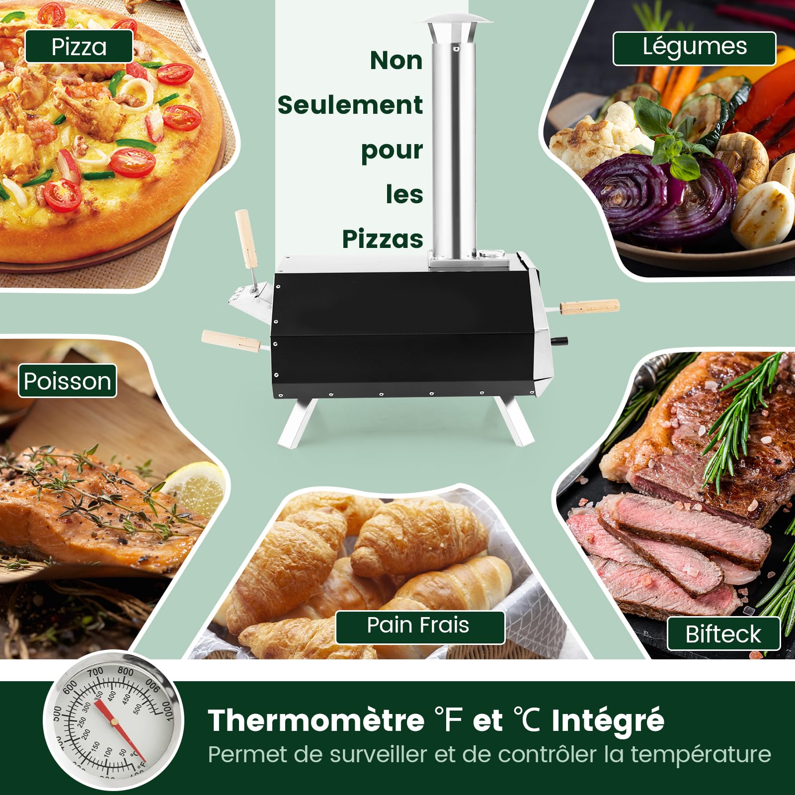 COSTWAY Four à Bois pour Pizza 30,5cm, Four à Pizza Extérieur Portable en Acier Inoxydable avec Pelle Pare-feu Pieds Pliables